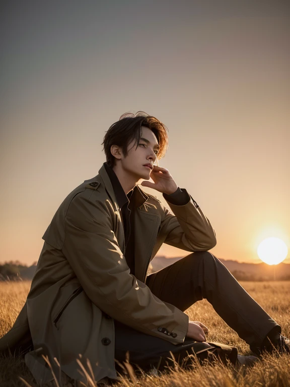 (a young man sitting on a deserted grassland, illuminated by the evening glow, handsome side profile, disheveled short hair, wearing a black trench coat, red-orange grass on the ground, a Tang dynasty horizontal sword beside him, the blade reflects the setting sun, the man looking at his palm with a sad expression, occupying most of the frame) (best quality, 4k, highres, masterpiece:1.2), ultra-detailed, realistic:1.37, HDR, studio lighting, sharp focus, vivid colors, portraits, warm color tone, soft golden light