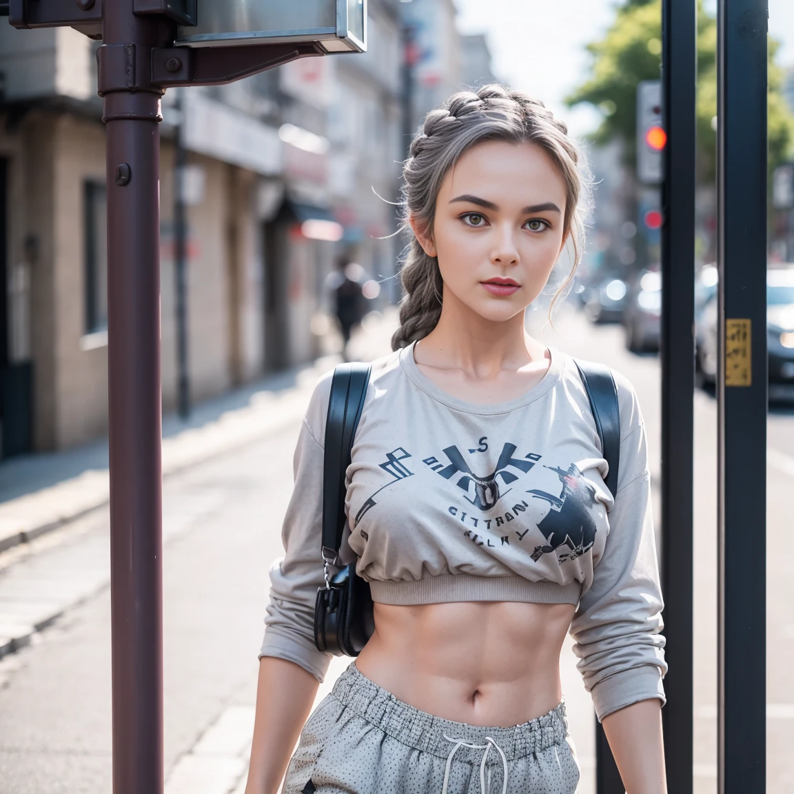 gorgeous cute Austrian girl, (crop top), Steel gray hair loose braided hair, comics printed shirt, oversized jogger pants, one hand on waist and second is free ,lean against the street light pole, backstreet, (city), hip-hop, ,  perfectly symmetrical face, detailed skin, vivid colours, HDR, hard shadows, art photography, soft focus, masterpiece, breathtaking, atmospheric perspective, diffusion, pore correlation, skin imperfections, 80mm Sigma f2, depth of field, intricate natural lighting