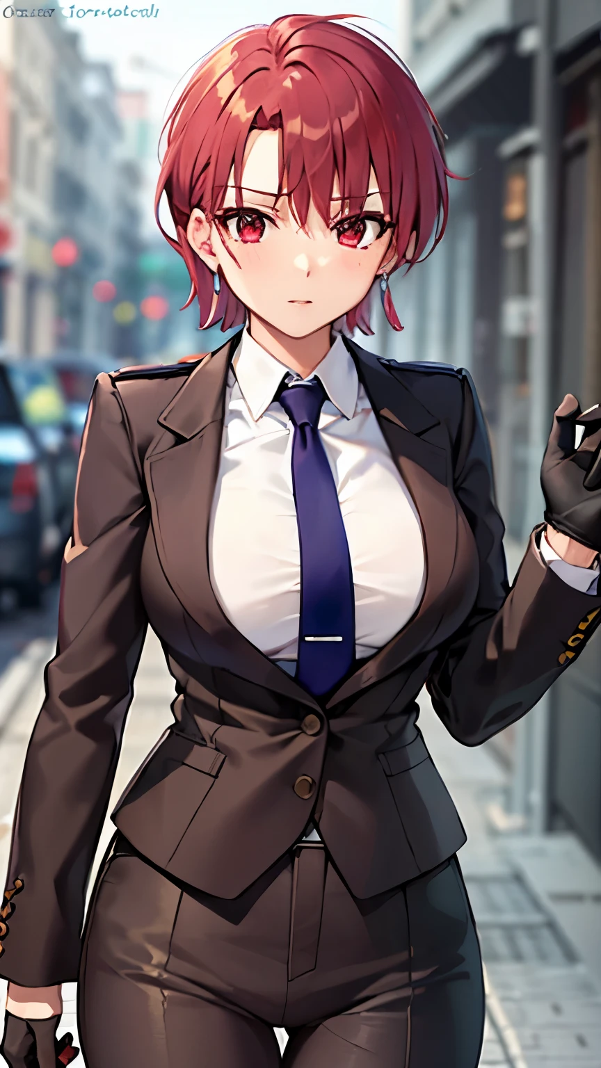 (masterpiece, best quality:1.2), bazett, fgo, 1girl, solo, short hair, red hair, bangs, red eyes,  large breasts, black gloves, formal suit, necktie, jacket, upper body, earrings, 