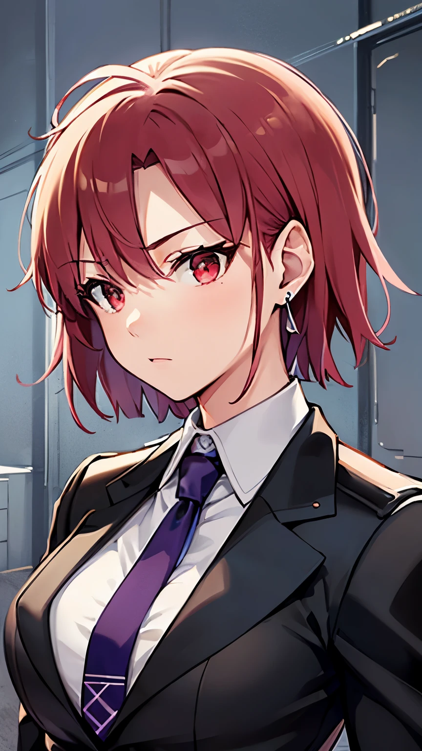 (masterpiece, best quality:1.2), bazett, fgo, 1girl, solo, short hair, red hair, bangs, red eyes,  large breasts, black gloves, formal suit, necktie, jacket, upper body, earrings, 