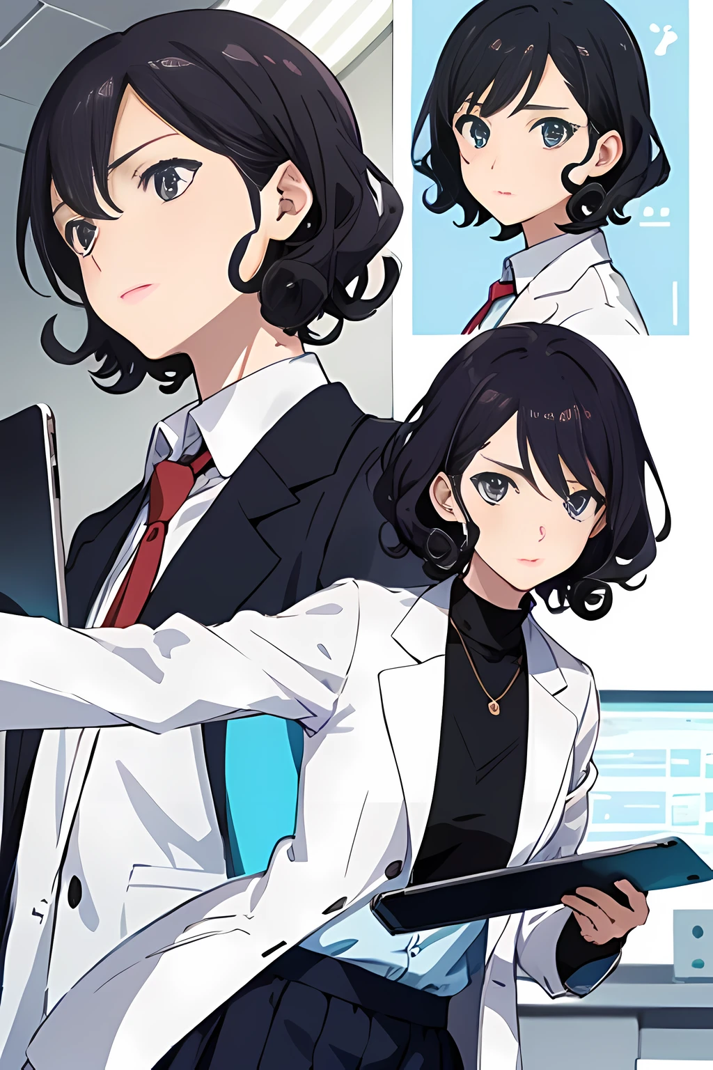 An anime illustration of a 27 year old girl, wearing a lab coat and skirt, Blick auf den Betrachter, in einer Laboranlage, holds an iPad, lockiges kurzes Haar, schwarzes Haar, (Dynamische Pose), LED Lichter, Anime, Illustration, detailliertes Gesicht