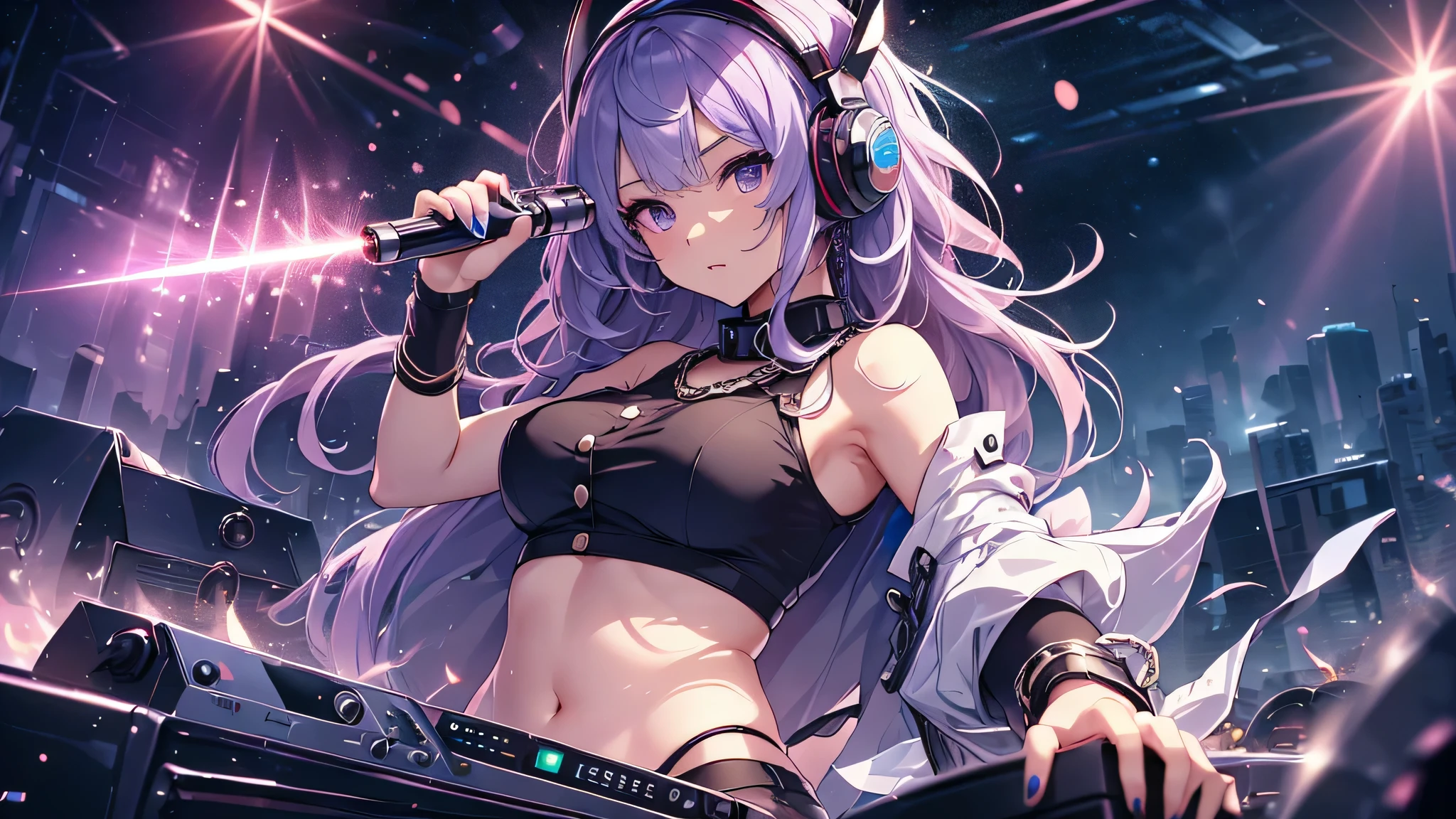 highest quality、Highest image quality、masterpiece、age girl((18-year-old、 Agar、vest bust、medium bust,wide open breast tea、purple eyes, purple hair、long hair、slender,highest valley、cute makeup、black nail polish、white short skirt、Looks like fun、have a guitar、black spats、fluttering hair、red belly button tank top、chain accessories、DJ、headphones,random motion)),high quality、beautiful art、background((night live house、red laser light、blue laser light、random laser points、Virtual space、golden laser beam、purple laser light、DJ、live stage)),muste piece、Depth of written boundary、movie、visual art、perfect art、