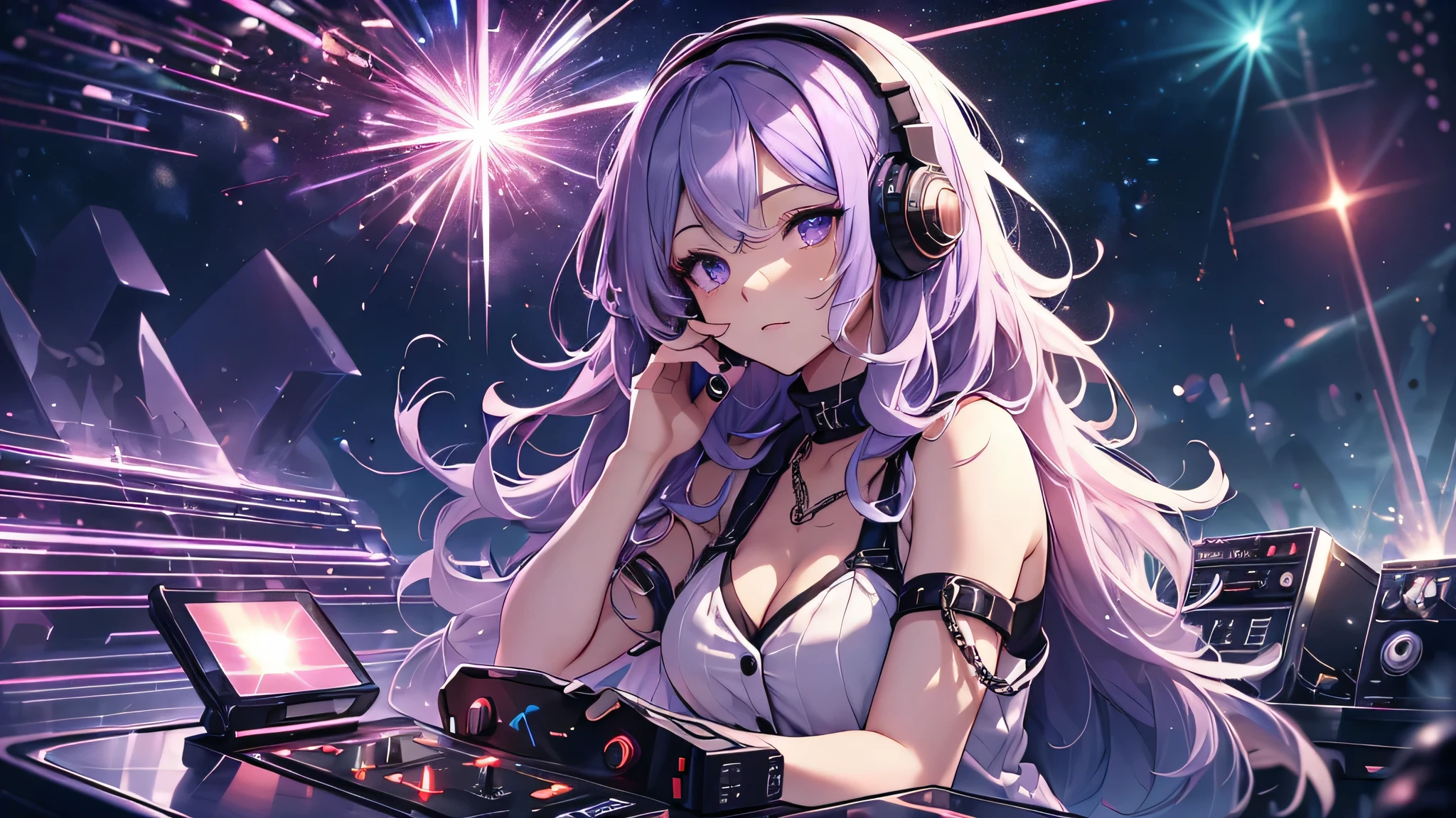 highest quality、Highest image quality、masterpiece、age girl((18-year-old、 Agar、vest bust、medium bust,wide open breast tea、purple eyes, purple hair、long hair、slender,highest valley、cute makeup、black nail polish、white short skirt、Looks like fun、have a guitar、black spats、fluttering hair、red belly button tank top、chain accessories、DJ、headphones,random motion)),high quality、beautiful art、background((night live house、red laser light、blue laser light、random laser points、Virtual space、golden laser beam、purple laser light、DJ、live stage)),muste piece、Depth of written boundary、movie、visual art、perfect art、