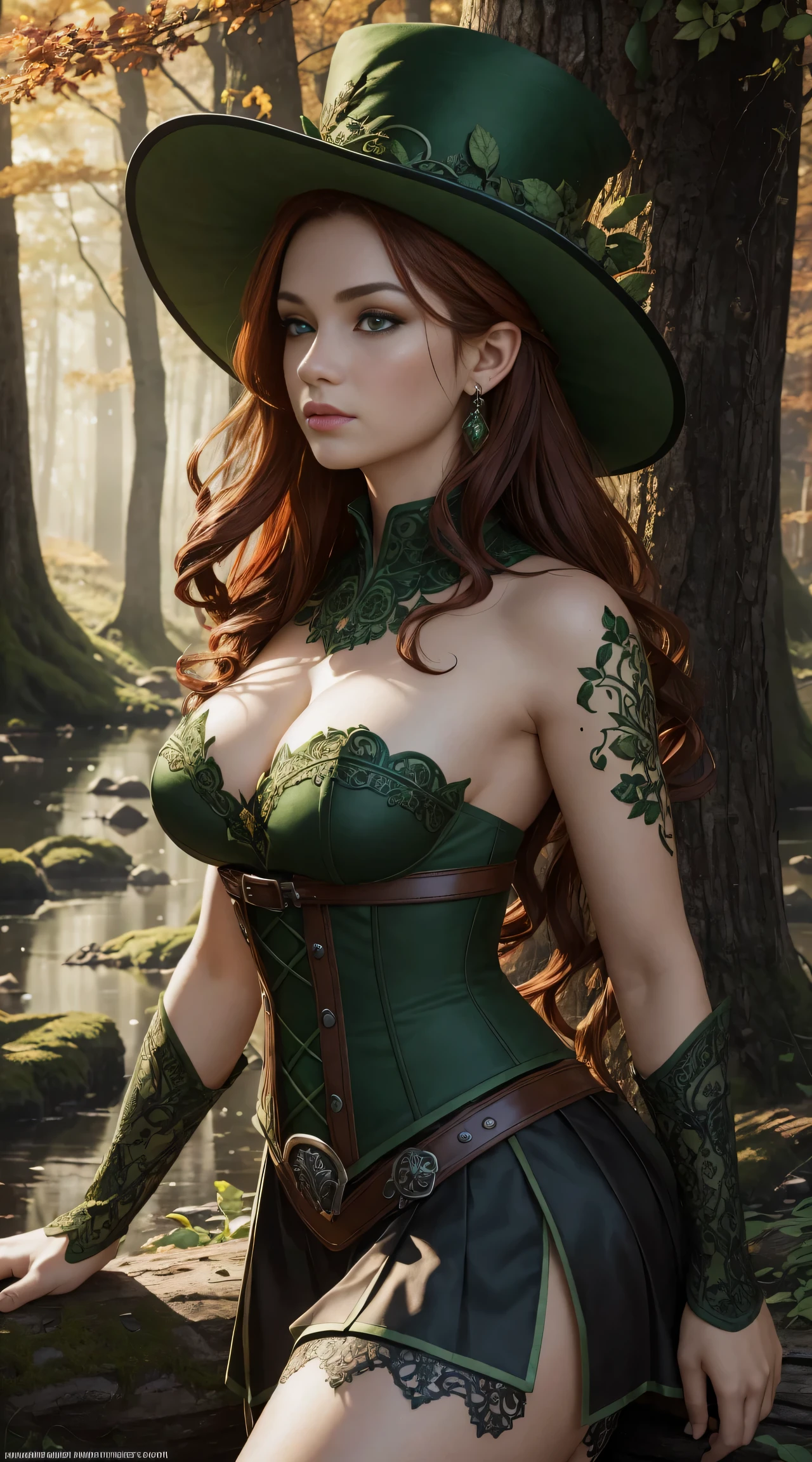 Masterpiece, high details, best quality, 8k, [ultra detailed], masterpiece, best quality, (extremely detailed), dynamic angle, ultra wide shot, RAW, photorealistic, fantasy art, dnd art, rpg art, realistic art, a wide angle picture of a female fairie ranger and her pet fox,  [[anatomically correct]]. dynamic position (1.5 intricate details, Masterpiece, best quality) talking to a fox, red fox, fantasy style, smoothlight (1.6 intricate details, Masterpiece, best quality) in forest (1.5 intricate details, Masterpiece, best quality), a female wearinodest medium length dark green skirt with corset top) with thigh high green stockings and hat (1.4 intricate details, Masterpiece, best quality), thick hair, long hair, auburn red hair, fair skin intense (brown) eyes, forest background (intense details), a stream flowing in the backgraound (1.4 intricate details, Masterpiece, best quality), dawn light, clouds (1.4 intricate details, Masterpiece, best quality), dynamic angle, (1.4 intricate details, Masterpiece, best quality) 3D rendering, high details, best quality, highres, ultra wide angle, celtic fantasy, clover, poison ivy, fae, goddess of mischief, green magic, (wearing green tophat), pixie, fairy, celtic, Autumn, beautiful autumn spirit, fall season, Dark colored roses, perfect creation, perfect art, highly detailed, detailed art, masterpiece, perfect creation, perfect art, (outlined iris), (perfect eyeull figure),