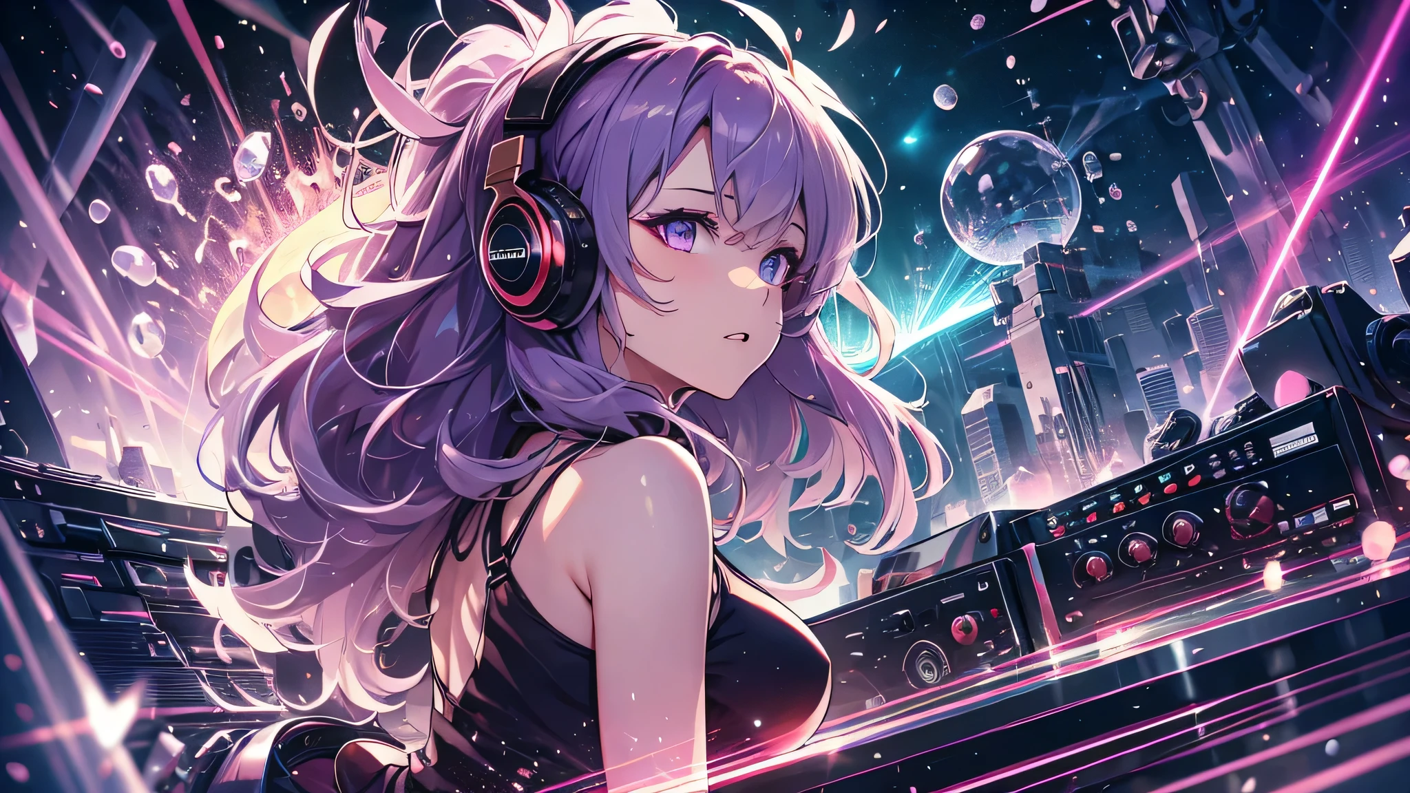 highest quality、Highest image quality、masterpiece、age girl((18-year-old、 Agar、vest bust、medium bust,wide open breast tea、purple eyes, purple hair、long hair、slender,highest valley、cute makeup、black nail polish、white short skirt、Looks like fun、have a guitar、black spats、fluttering hair、red belly button tank top、chain accessories、DJ、headphones,random motion)),high quality、beautiful art、background((night live house、red laser light、blue laser light、random laser points、Virtual space、golden laser beam、purple laser light、DJ、live stage)),muste piece、Depth of written boundary、movie、visual art、perfect art、
