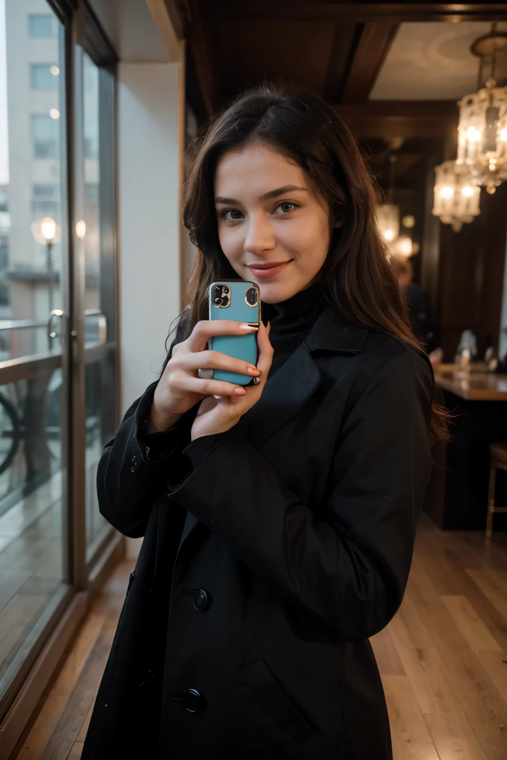 photography of a 20yo woman, perfect face, fully dressed, use the same face, masterpiece, same face, London Penthouse Location, smiling, sexy, she’s making a selfie in public, Rijeka location, black coat, making a selfie with inside