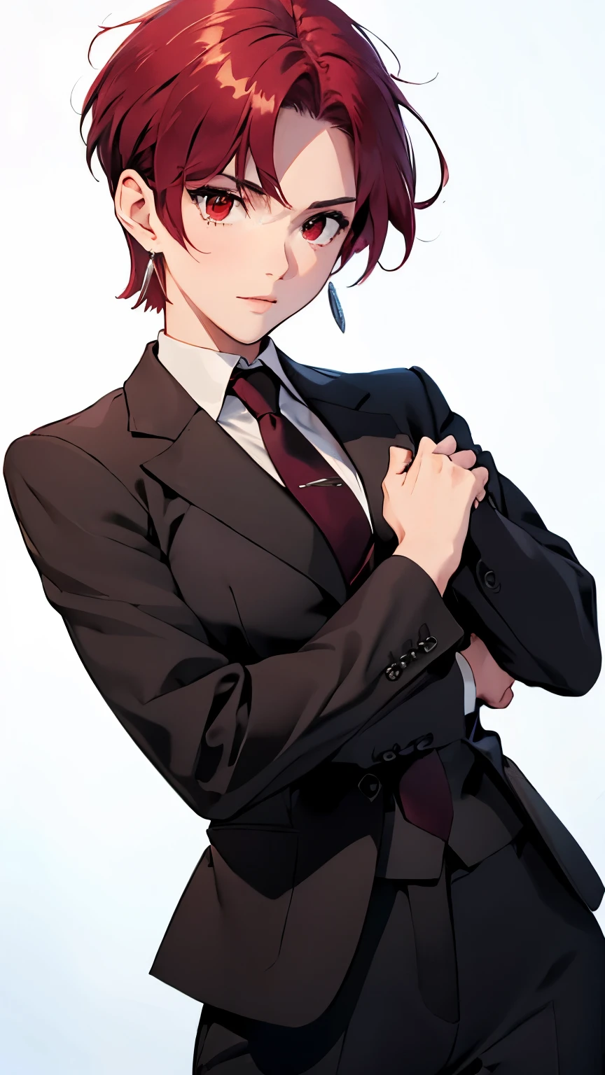 (masterpiece, best quality:1.2), bazett, fgo, 1girl, solo, short hair, red hair, bangs, red eyes,  large breasts, black gloves, formal suit, necktie, jacket, upper body, earrings, 