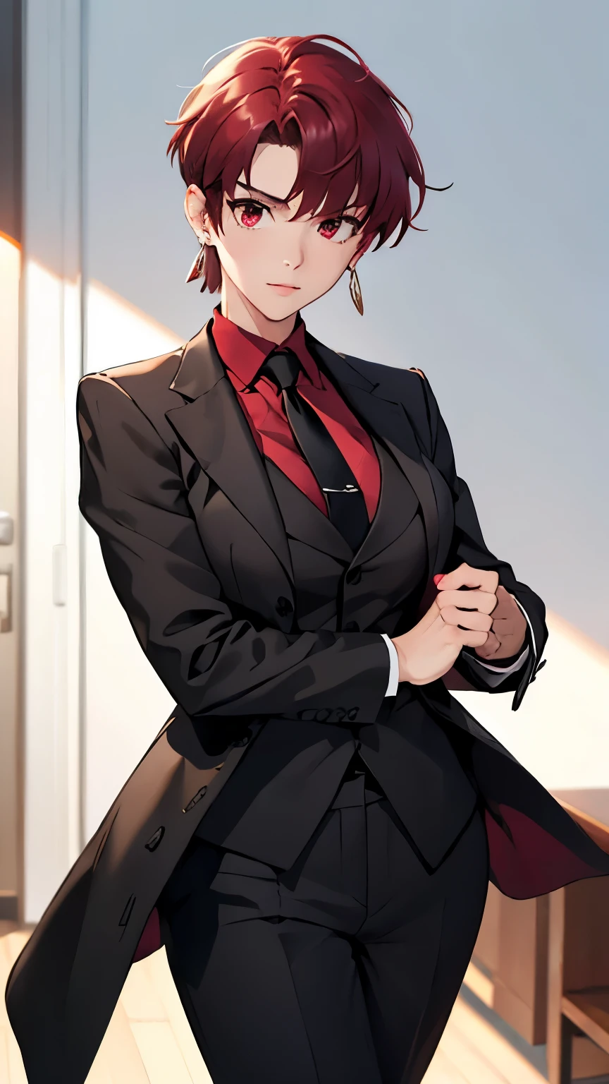 (masterpiece, best quality:1.2), bazett, fgo, 1girl, solo, short hair, red hair, bangs, red eyes,  large breasts, black gloves, formal suit, necktie, jacket, upper body, earrings, 