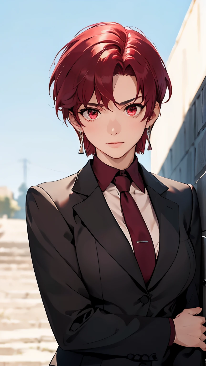 (masterpiece, best quality:1.2), bazett, fgo, 1girl, solo, short hair, red hair, bangs, red eyes,  large breasts, black gloves, formal suit, necktie, jacket, upper body, earrings, 