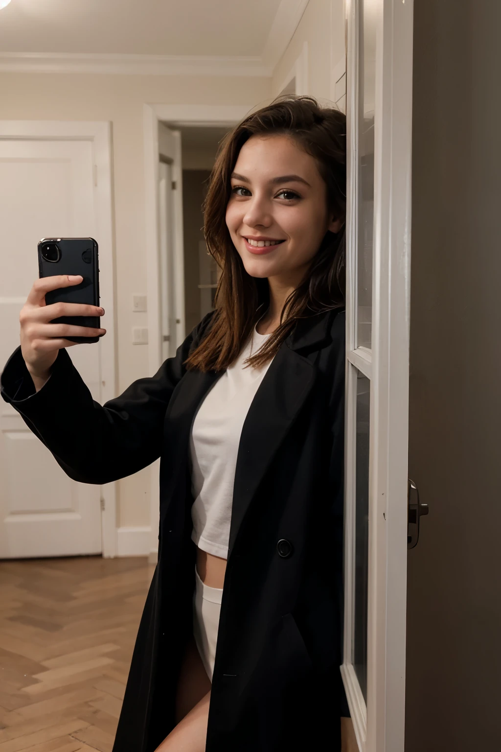 photography of a 20yo woman, perfect face, fully dressed, use the same face, masterpiece, same face, London Penthouse Location, smiling, sexy, she’s making a selfie in public, Rijeka location, black coat, making a selfie with inside