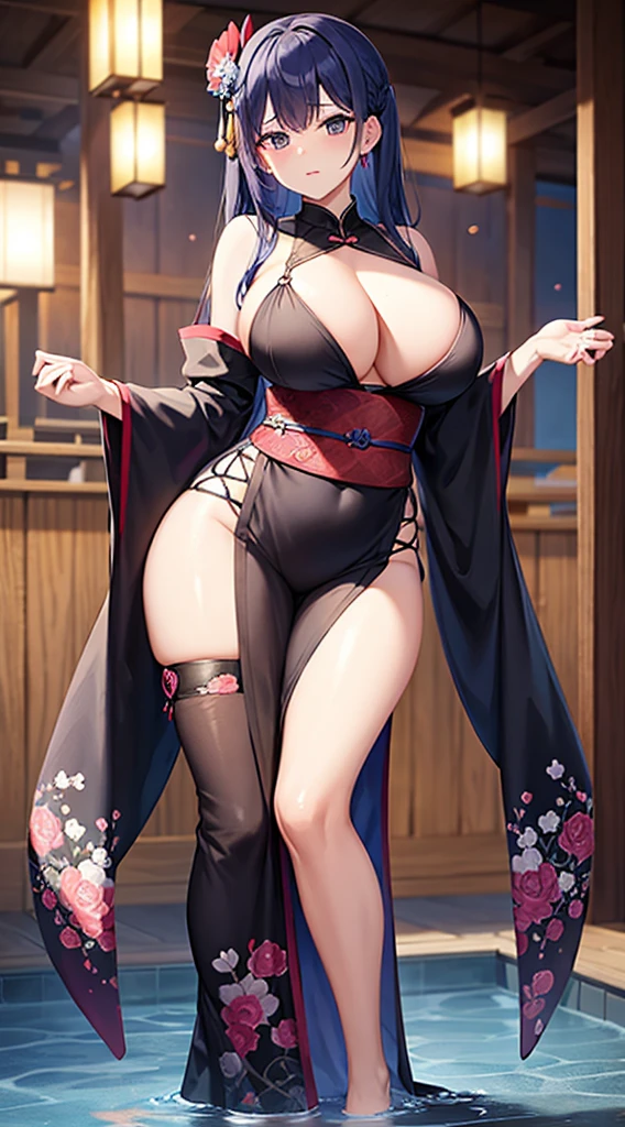 Beautiful woman with big breasts、black kimono(plum blossom pattern)、wet kimono、wet appearance、blue hair、(evening)Japanese garden、long hair down to the waist、purple eyes、embarrassed face、standing position、water dripping