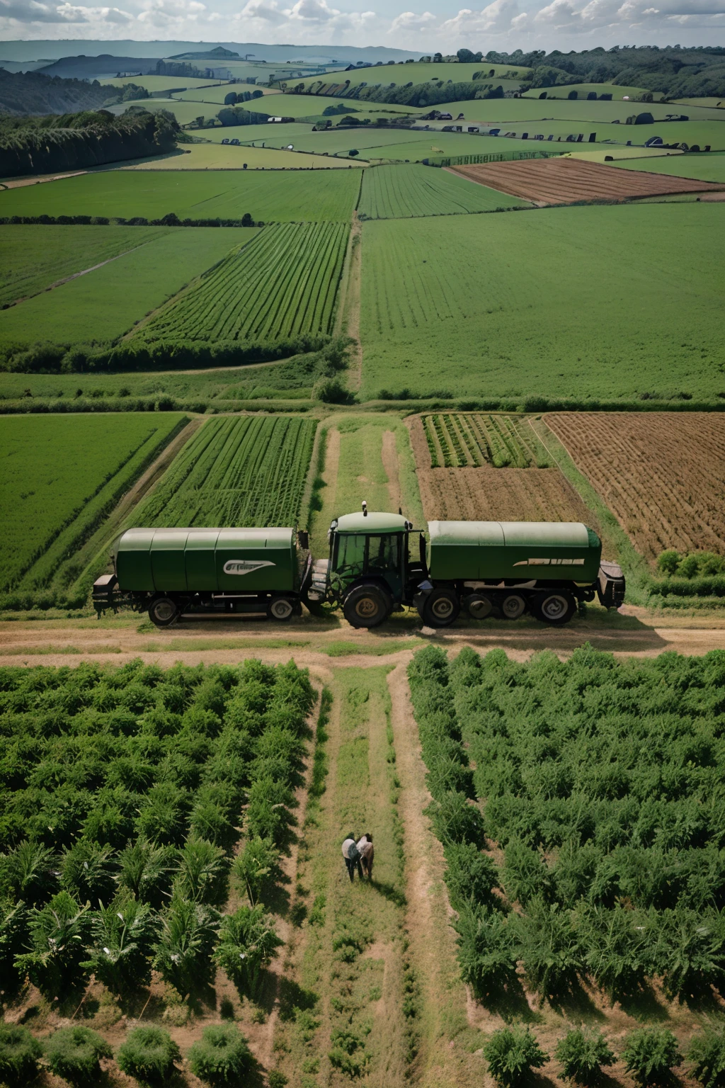 best quality,ultra-detailed,realistic,agricultural scenery,farm landscape,fertile soil,green fields,farm vehicles,countryside life,farmer's truck in a plantation,rural life,lush vegetation,farm machinery,farm equipment,harvest season,harvesting crops,resilient crops,growing season,clear blue sky,sunshine,dusty road,farmhouse,traditional farming,tractor,hardworking farmers,farming community,natural beauty,serene atmosphere,simple life,peaceful surroundings,landscape painting,scenic view,harmonious colors,soft sunlight,refreshing breeze,lush greenery,
