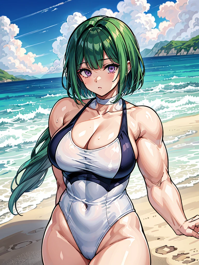 （（（masterpiece、Highest image quality、highest quality、highly detailed unity 8ｋwallpaper）））、（（Illustration of one girl））、（（（beautiful girl）））、（（green hair、very short hair、sidelocks、purple eyes））、（stocky build, thickset physique, muscular legs, broad shoulders, solid chest）、white swimwear、sandy beach