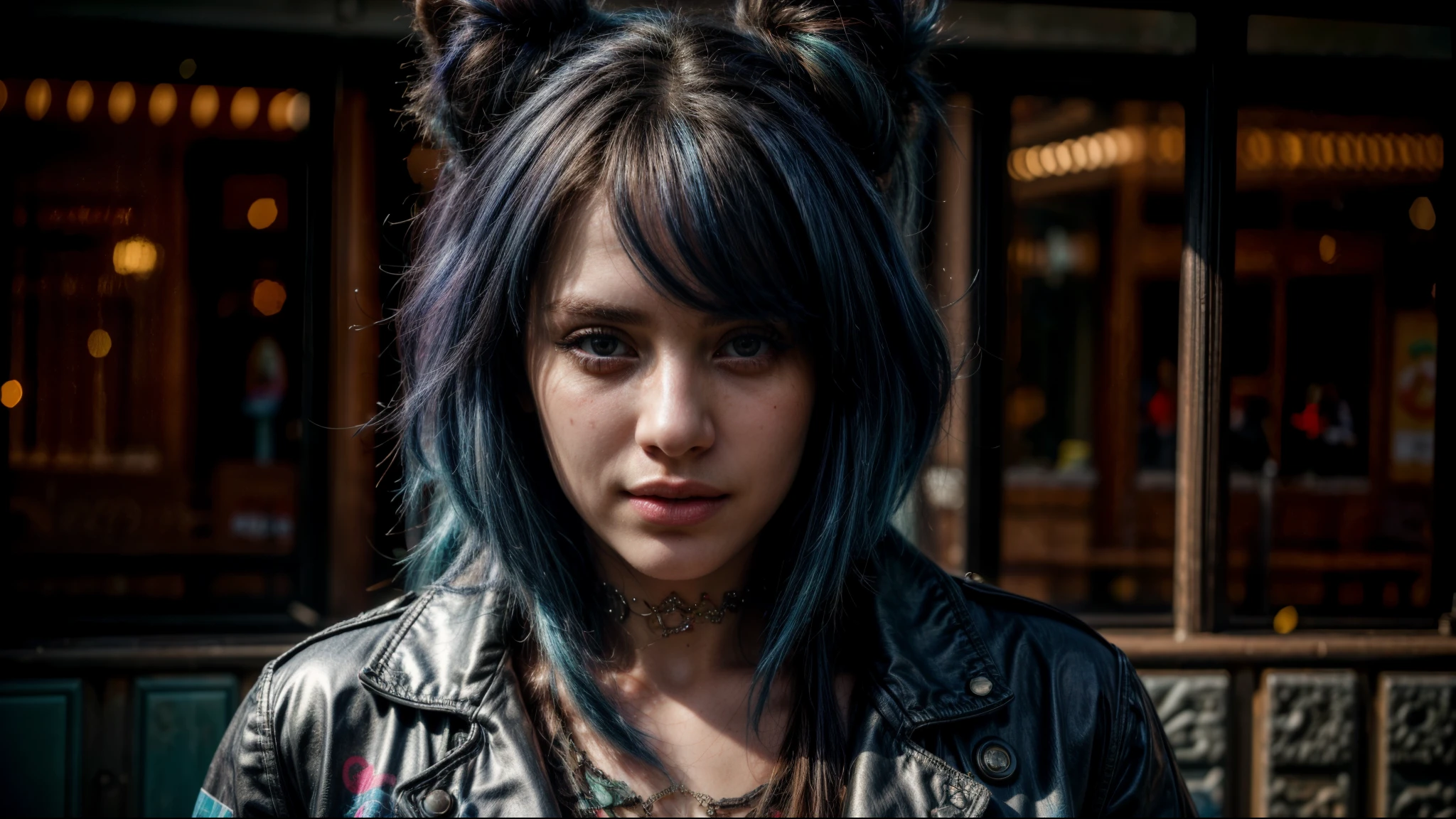 (best quality,4k,8k,highres,masterpiece:1.2),ultra-detailed,(realistic,photorealistic,photo-realistic:1.37),detailed blue hair, detailed face, piercing on the nose, vibrant colors, studio lighting, young girl, fashionable appearance, confident expression, urban setting, graffiti art hd 4k 8k ultrasharp