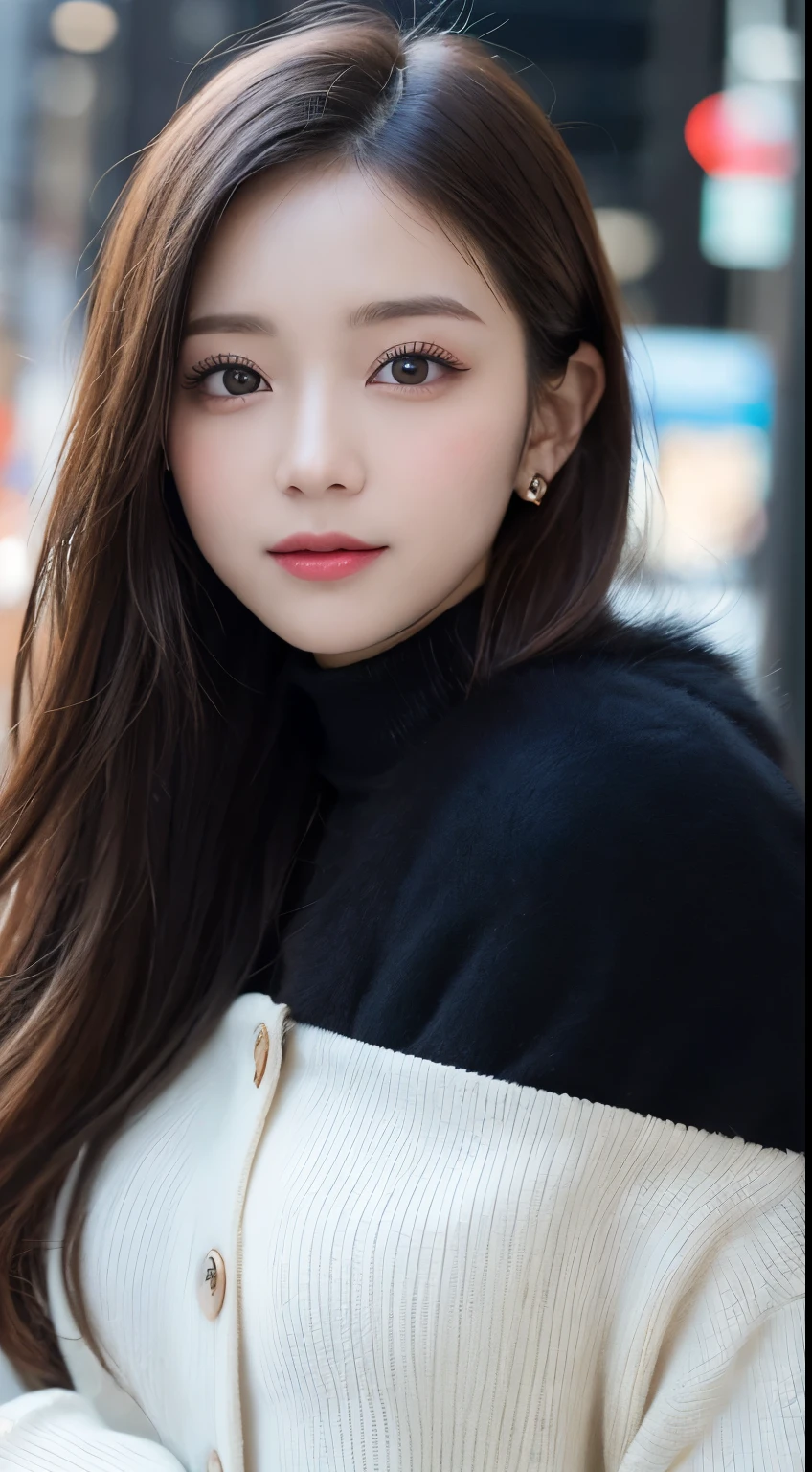 masutepiece, Best Quality, Illustration, Ultra-detailed, finely detail, hight resolution, 8K Wallpaper, Perfect dynamic composition, Beautiful detailed eyes, Gorgeous black fluffy Tokyo winter clothes,random cute hair,small tits,Natural Color Lip, Bold sexy poses,Smile、20 years girl、Cute、Sexy shot looking at camera,常にBlur the background,Perfect and beautiful face,Take only the face,beautiful and detailed face、slim face and style,Big eyes、Do gal makeup、Blur the background、Beautiful detailed face、Perfect and beautiful face、Blur the background、Blur the background、Blur the background