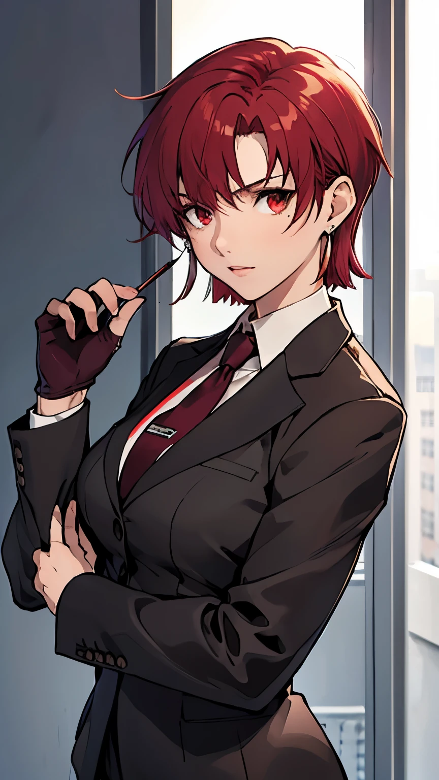 (masterpiece, best quality:1.2), bazett, fgo, 1girl, solo, short hair, red hair, bangs, red eyes,  large breasts, black gloves, formal suit, necktie, jacket, upper body, earrings, 