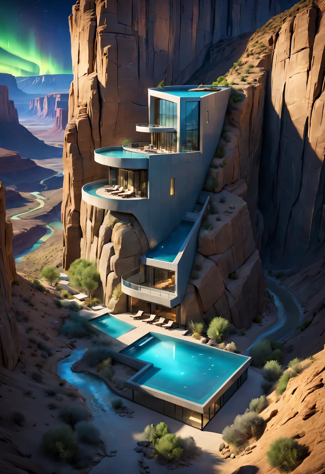 Towering steep and towering high desert canyon cliff resort wild luxury special-shaped hotel's volley design, asymmetric desert canyon,
Coexistence with the natural environment, desert canyon night, (aurora), stars, sky aurora bloom, meteors across,moonlight,extremely detailed, best quality, masterpiece, high resolution, Hyperrealistic, 8K, top-view,  high angle view,  low angle view,  by Tadao Ando,Blue Color Palette, Minimalism, Rustic, 