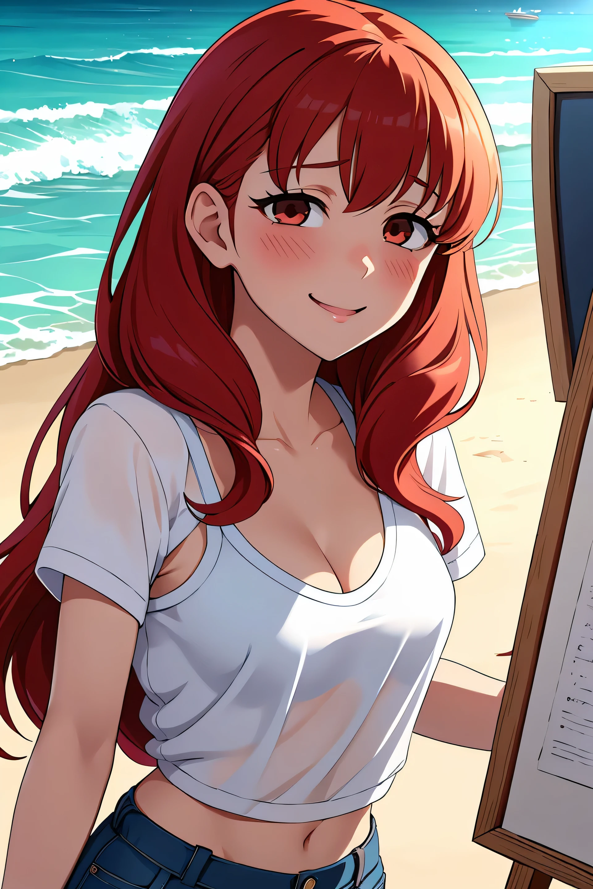 Anime style, Painting, absurderes、perfect anatomia、Hani , azur Bra visible、breasts out、long hair, ‎cleavage of the breastsmall breasts, on the beach, see-through, The shirt, red blush, smile, redhead, red hairs, azur string, looking at the left