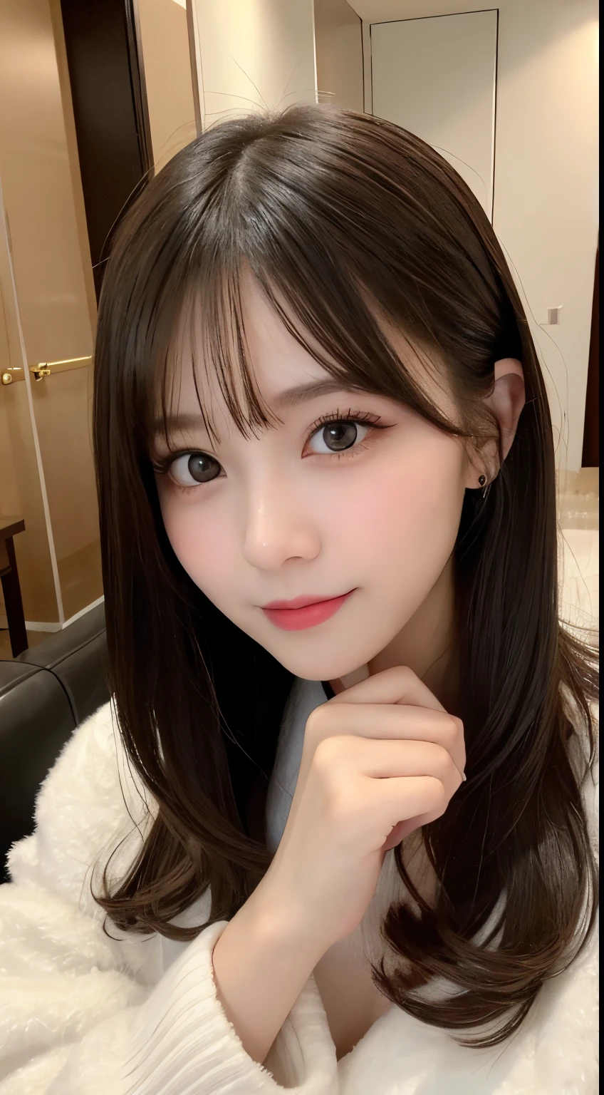 masutepiece, Best Quality, Illustration, Ultra-detailed, finely detail, hight resolution, 8K Wallpaper, Perfect dynamic composition, Beautiful detailed eyes, Gorgeous black fluffy Tokyo winter clothes,random cute hair,small tits,Natural Color Lip, Bold sexy poses,Smile、20 years girl、Cute、Sexy shot looking at camera,常にBlur the background,Perfect and beautiful face,Take only the face,beautiful and detailed face、slim face and style,Big eyes、Do gal makeup、Living room of luxury designer tower apartment、Blur the background、Cute hairstyles、pretty pose、Take a photo through the mirror,Blur the background,Blur the background