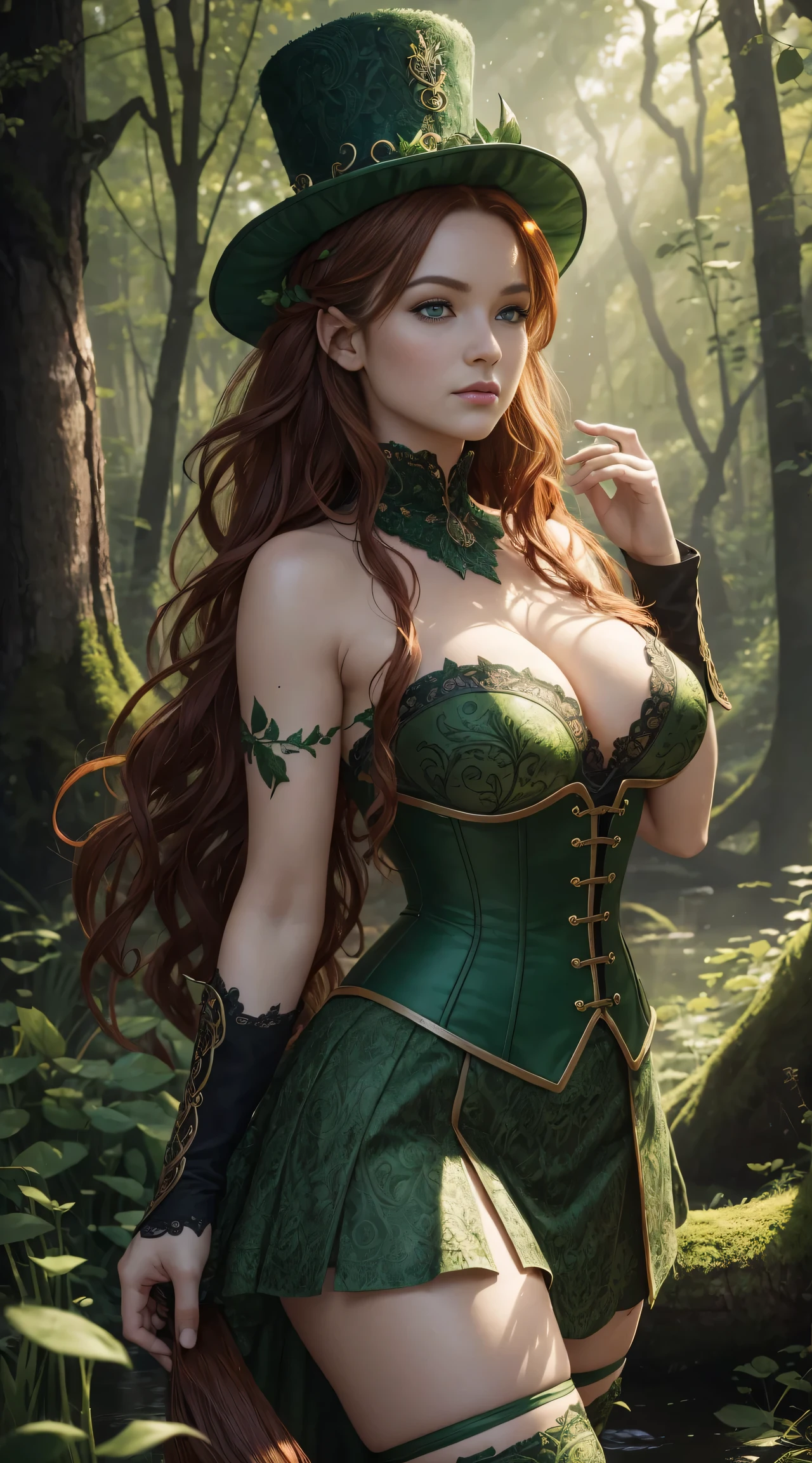 Masterpiece, high details, best quality, 8k, [ultra detailed], masterpiece, best quality, (extremely detailed), dynamic angle, ultra wide shot, RAW, photorealistic, fantasy art, dnd art, rpg art, realistic art, a wide angle picture of a female fairie ranger and her pet fox,  [[anatomically correct]]. dynamic position (1.5 intricate details, Masterpiece, best quality) talking to a fox, red fox, fantasy style, smoothlight (1.6 intricate details, Masterpiece, best quality) in forest (1.5 intricate details, Masterpiece, best quality), a female wearinodest medium length dark green skirt with corset top) with thigh high green stockings and hat (1.4 intricate details, Masterpiece, best quality), thick hair, long hair, auburn red hair, fair skin intense (brown) eyes, forest background (intense details), a stream flowing in the backgraound (1.4 intricate details, Masterpiece, best quality), dawn light, clouds (1.4 intricate details, Masterpiece, best quality), dynamic angle, (1.4 intricate details, Masterpiece, best quality) 3D rendering, high details, best quality, highres, ultra wide angle, celtic fantasy, clover, poison ivy, fae, goddess of mischief, green magic, (wearing green tophat), pixie, fairy, celtic, Autumn, beautiful autumn spirit, fall season, Dark colored roses, perfect creation, perfect art, highly detailed, detailed art, masterpiece, perfect creation, perfect art, (outlined iris), (perfect eyeull figure),