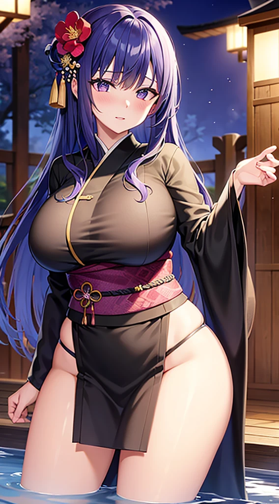 Beautiful woman with big breasts、black kimono(plum blossom pattern)、wet kimono、wet appearance、blue hair、(evening)Japanese garden、long hair down to the waist、purple eyes、embarrassed face、standing position、water dripping、