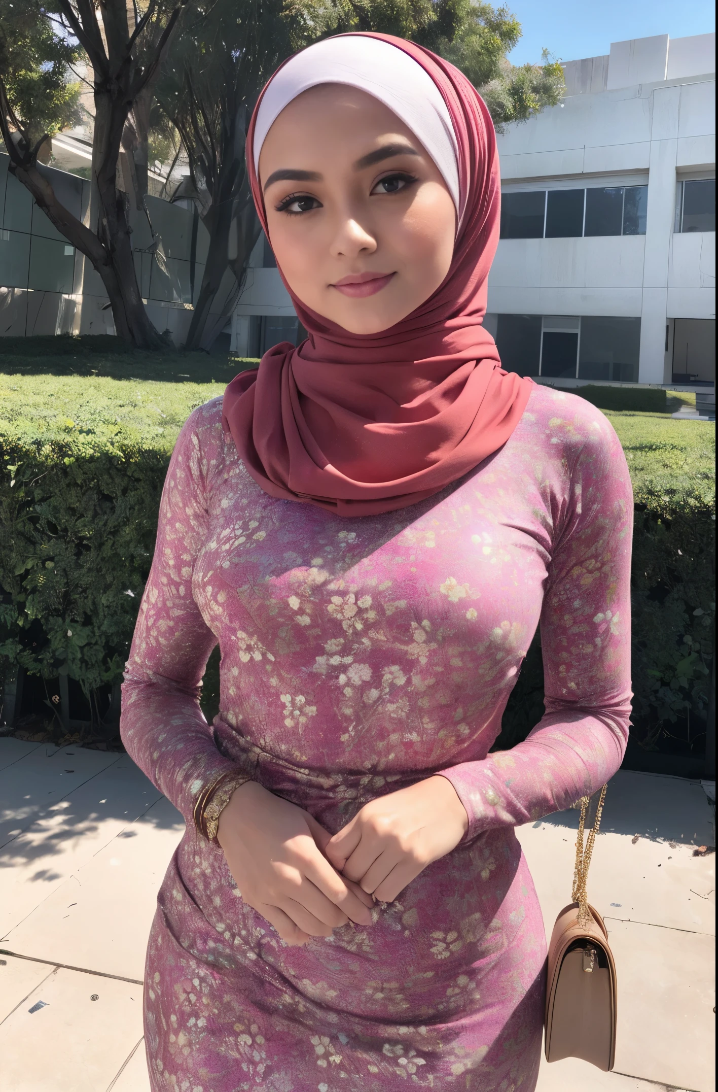 RAW, Best quality, high resolution, masterpiece: 1.3), beautiful Malay woman in hijab,Masterpiece, perfect slim fit body, (Huge breastig gorgeous eyes, Soft smile, Delicate turtleneck print sun dress, necklace, shairband, afternoon walk, City garden, Excellent lighting, Bright colors, Clean lines