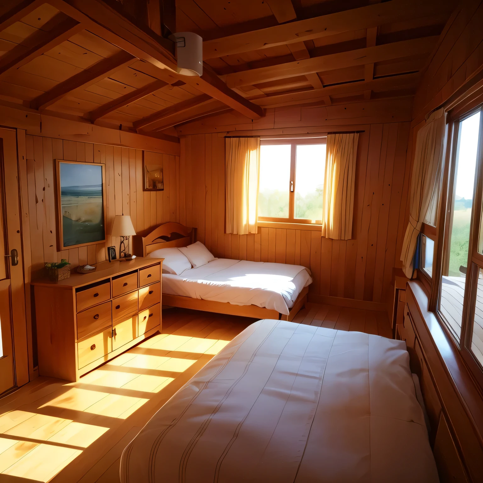 sunlight in the bedroom, cozy room, inside a wooden house