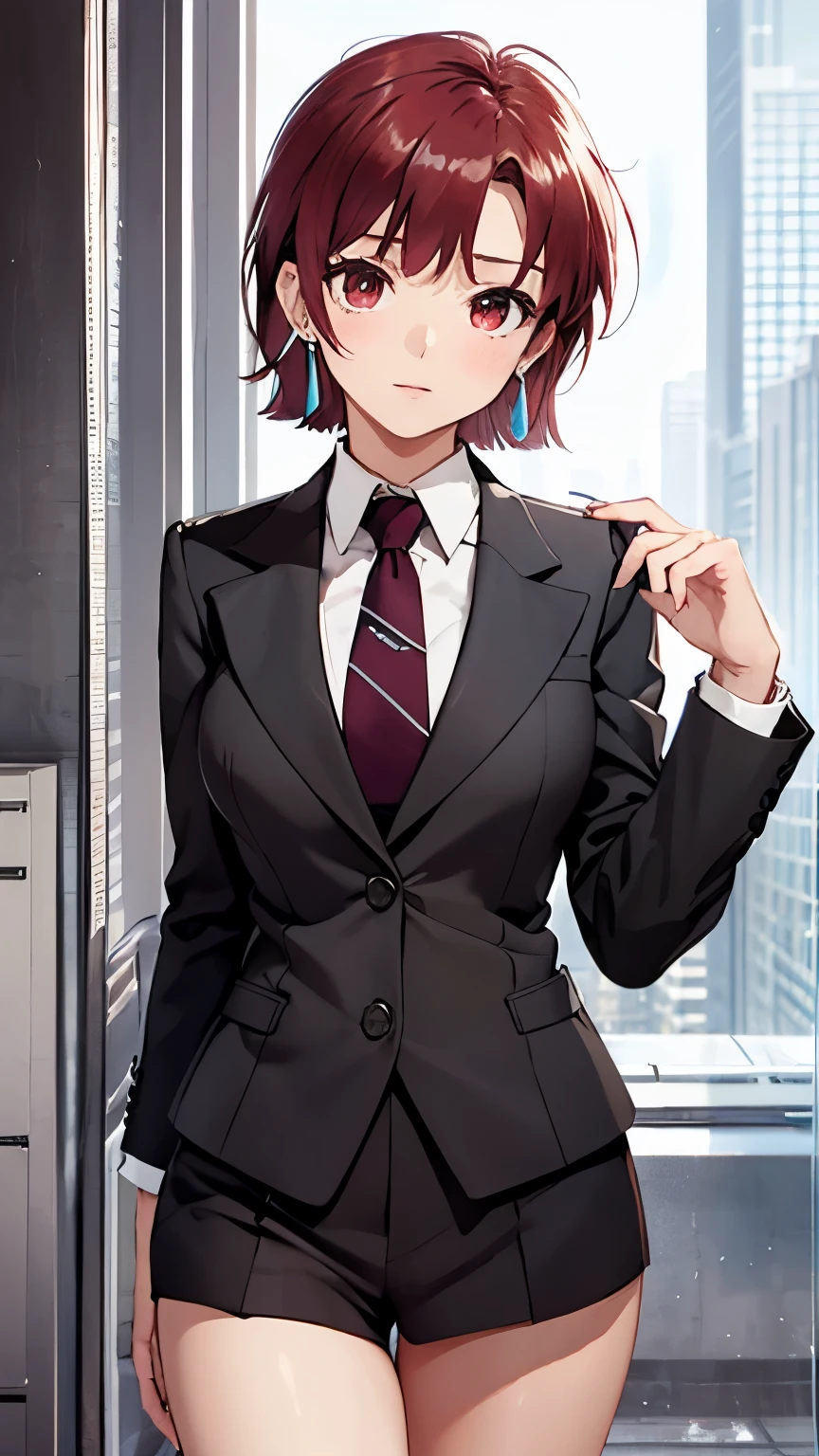 (masterpiece, best quality:1.2), bazett, fgo, 1girl, solo, short hair, red hair, bangs, red eyes,  large breasts, black gloves, formal suit, necktie, jacket, upper body, earrings, 