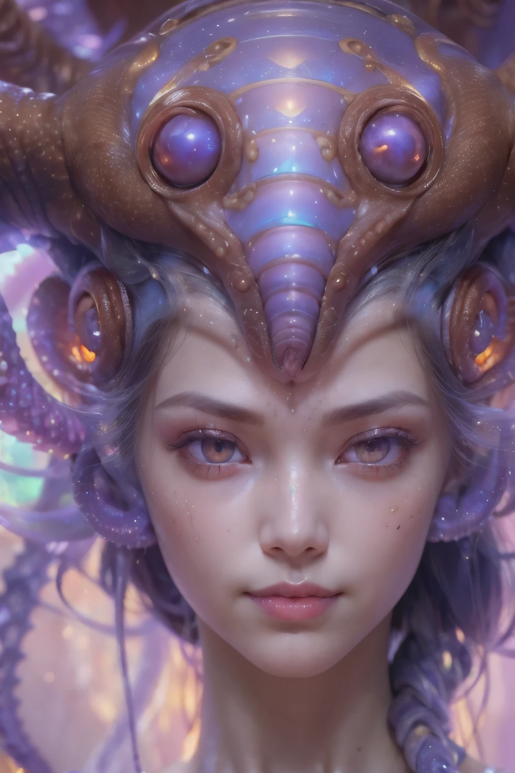 Portrait, (beautiful female alien:1.2),  (she has red eyes with no pupils:1.8), (Translucent skin:1.7),  (There is a female genital-like organ in the middle of the forehead..:1.9), (The most beautiful face in the history of the universe:1.2),an evil gaze that seduces, (large mouth:1.1), (sharp teeth like a vampire:1.2), full body portrait, (bio luminescent:1.5), (Smile wickedly:1.3),  (sexypose:1.5), alien, No humans, cells are fused, (Lots of translucent tentacles:1.3) extraterrestrial, cell, bio image, best quality, 8K,In 4K_quality, High Definition, Dramatic Lighting, masutepiece:1.5,cinematic quality, detail up, (elaborate details:1.2), high resolution, High Definition, drawing faithfully, (Thick eyebrows:1.2), Beautiful eyes with fine symmetry,(Highly detailed face and eyes:1.2), Intimate face, (Super detailed skin quality feeling:1.4), perfect anatomy,  (Beautiful toned body:1.5),  (Moist skin:1.2), No makeup, (dark circles:1.1), long canines, cinematic drawing of characters, ultra high quality model, cinematic quality, detail up, (elaborate details:1.2), high resolution, High Definition, drawing faithfully, official art, Unity 8K Wall  , 8K Portrait, best quality, Very high resolution, ultra detailed artistic photography, midnight aura,  unreal enginee 5, Ultra Sharp Focus, art by alberto seveso, ArtGerm, Roisch, intricate artwork, best quality, masutepiece, ultra high resolution, (photos realistic:1.4), ultra realistic realism, dream-like,  rainbow colored nautilus, Creation of fantasy, Snail, Dream Snail,  (Biopunk Nautilus:1.3), Thrilling color schemes， ultra realistic realism， seductively smiling, Blue tentacles,