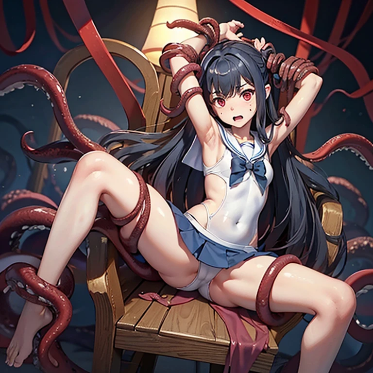 I'm looking down,Bottom Angle,show both sides,raise both arms up,stretch both arms,sitting on a wooden chair(tied to a chair with tentacles),(legs spread in an M shape,legs wide open, legs open, spread legs, woman with legs open),sailor suit,破れたsailor suit,navy blue skirt, white panties,flushed face,open mouth,impatient face,disorganized, female bondage, (tied to a metal chair),(Bondage rope,tentacle bondage),(tentacles wrapped around body),tightly bound, Surrounded by bumpy tentacles,Tentacles are approaching,(brush tentacles,Tentacles with many brushes at the tips) tentacles through clothes, restrained legs, restrained arms, Drool, (Tentacle wrapped around upper arm,Tentacle wrapped around thigh,Tentacles wrapped around the sides,tentacle wrapped around wrist,tentacle wrapped around ankle ),