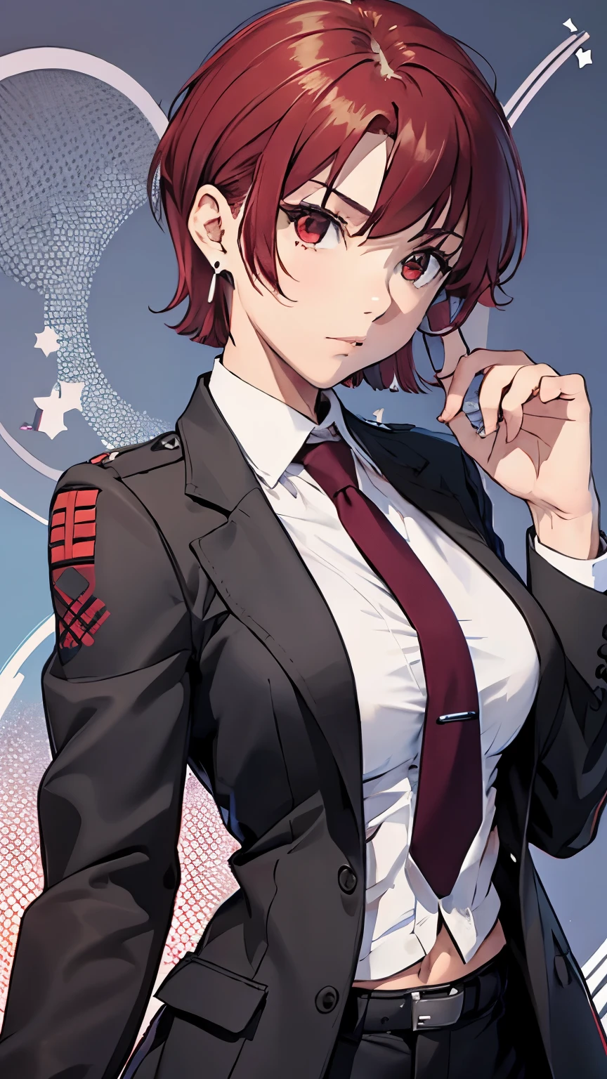 (masterpiece, best quality:1.2), bazett, fgo, 1girl, solo, short hair, red hair, bangs, red eyes,  large breasts, black gloves, formal suit, necktie, jacket, upper body, earrings, 