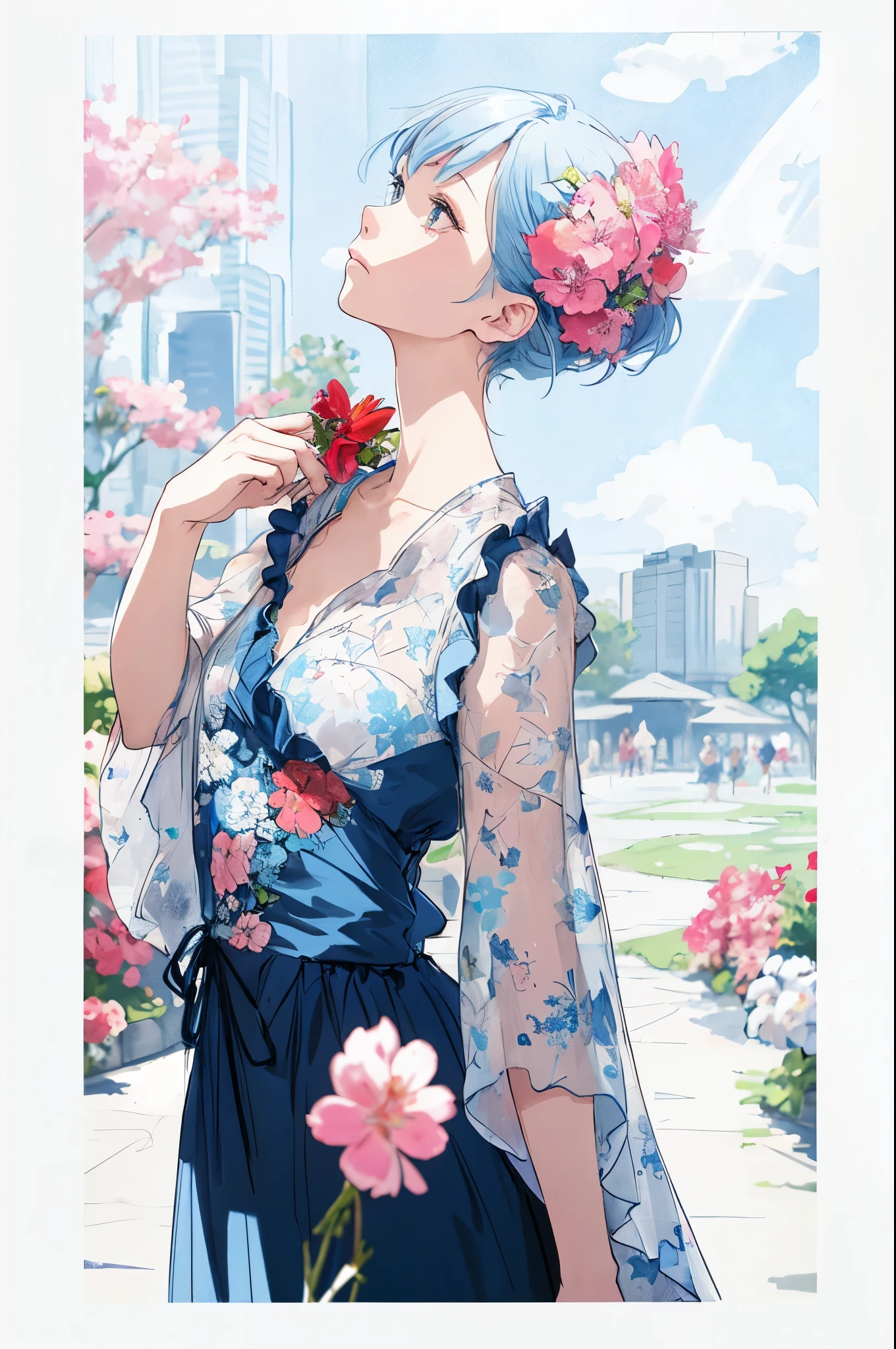 (blurry background:1.3), (blue background:1.3), (extremely detailed fine touch:1.3), (hard light, studio light, light rays, dappled light, reflection, shadows, ray tracing:1.0), (rough sketch:1.3), ///, kawaii girl, blue short hair, girly dress, night, star, milky way, horizon, sky, clouds, rainbow, stars, (milky way:1.3), wind, city, upper body, tower, black flower, (pink cloud:1.3), (red flower:1.3), profile
