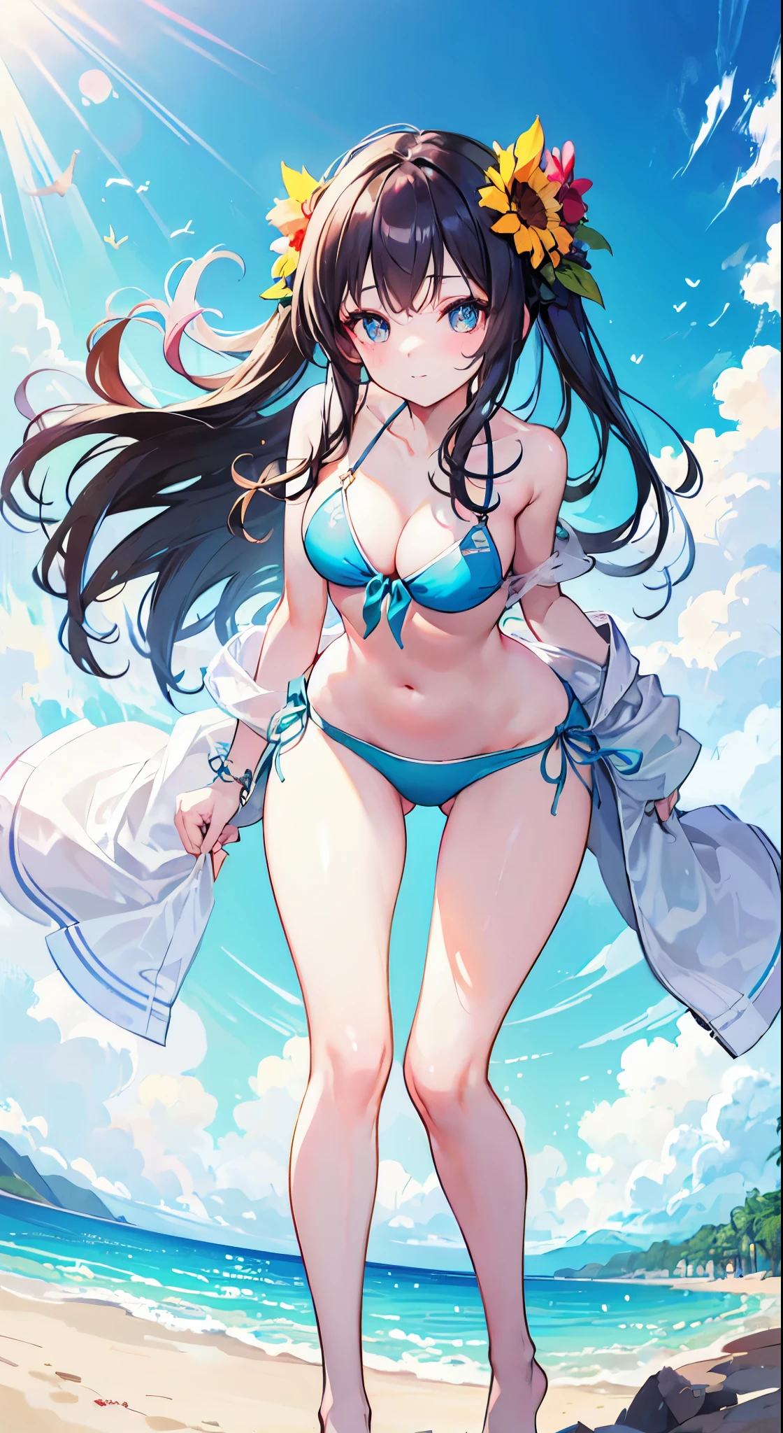 1girl, beach, , from below bikini, cuteness, cleavage, beautiful and cute
