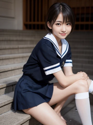 muste piece, Top quality, 8K, , japanese girl, slender, Raw photo, absurd, award-winning portraits, (detailed face, shy smile), solo, School uniform, sailor uniform, short sleeve, idol face, super mini skirt, short socks, slim legs, shoes,  whole body shot from the bottom of the stairs, whole body shot from a Low - Angle, detailed face), refreshing shy smile, slender girl, Golden short-cut hair, dark eyes, whole body, digital single lens reflex, look at the viewer, Frank, sophisticated, like々New, perfect whole body balance, (Low - Angle), professional lighting, (Eye and face details: 1.0), (It&#39;s blurry: 1.1)