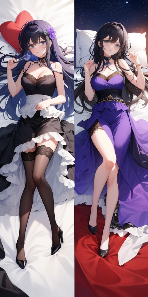 A beautiful girl, sweet, full-body photo, flesh-colored lace, purple long hair, closed moon shy flower, incomparably beautiful, black stockings, blue eyes, full-body portrait, close-up, high heels, full-body portrait, lying on the bed, blue gauze skirt, delicate facial features, perfect body, messy purple long hair, moaning, seductive, bare shoulders, holding a wine glass