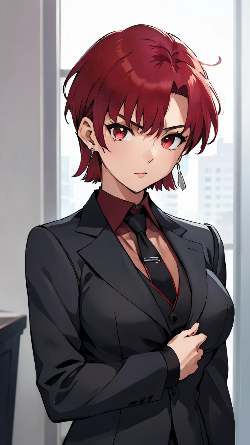 (masterpiece, best quality:1.2), bazett, fgo, 1girl, solo, short hair, red hair, bangs, red eyes,  large breasts, black gloves, formal suit, necktie, jacket, upper body, earrings, 