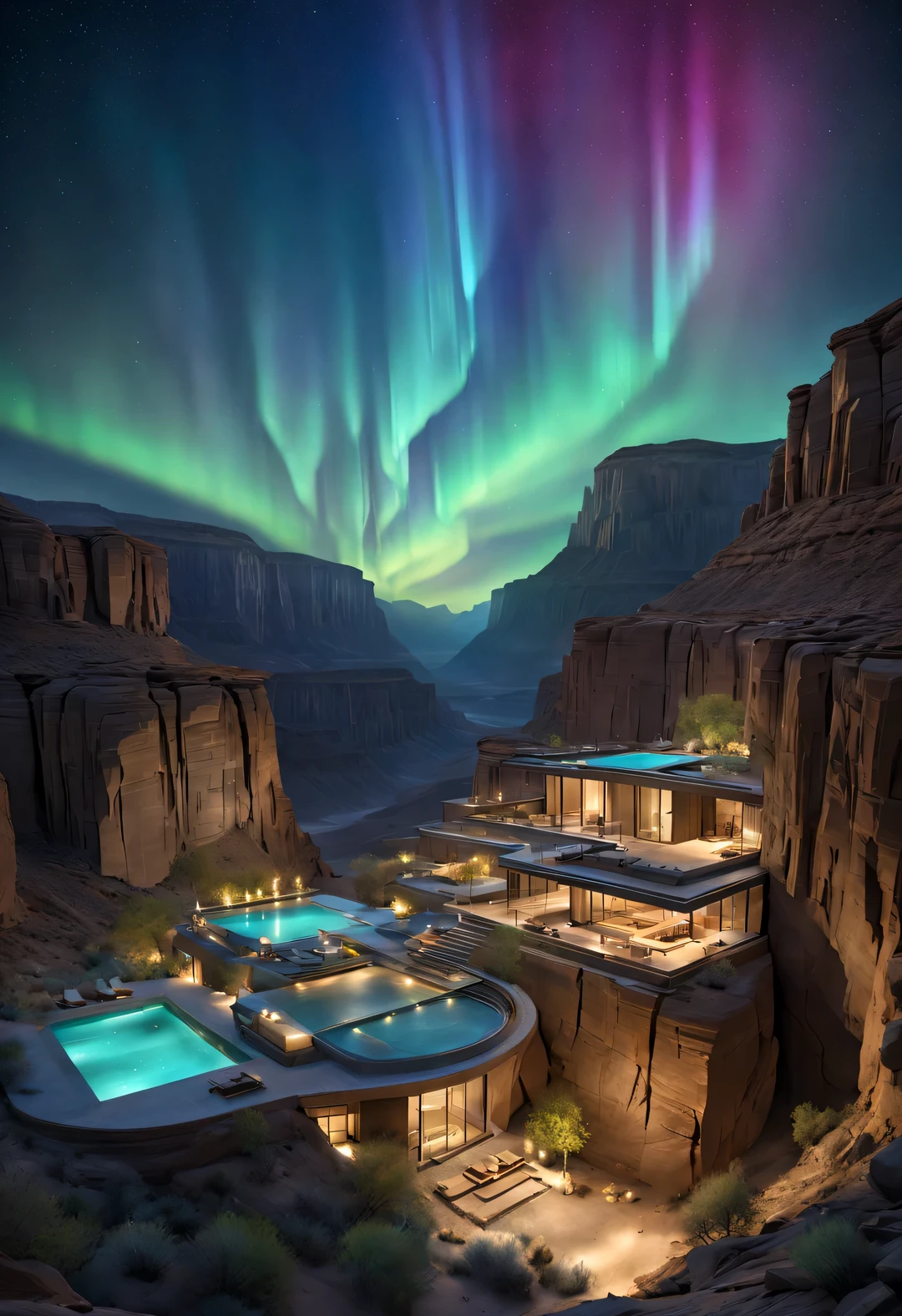 Towering precipitous towering desert canyon cliff resort wild luxury alien hotel volley design, (asymmetrical high and low canyon),
Coexistence with the natural environment, desert canyon night, (aurora), stars, sky aurora bloom, meteors across,moonlight,extremely detailed, best quality, masterpiece, high resolution, Hyperrealistic, 8K, top-view,  high angle view,  low angle view,  by Tadao Ando,Blue Color Palette, Minimalism, Rustic, 