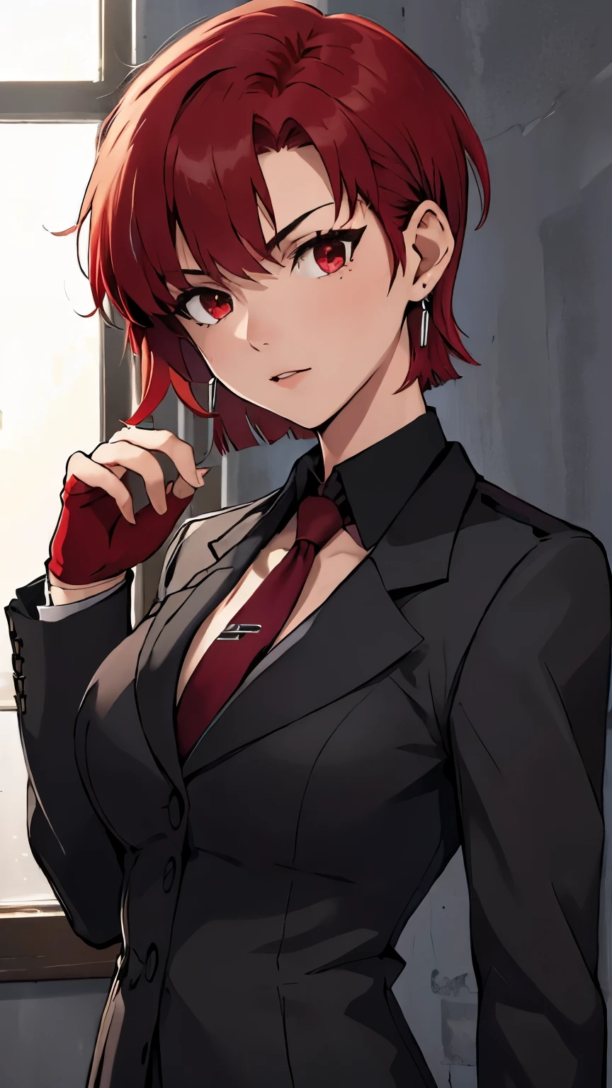 (masterpiece, best quality:1.2), bazett, fgo, 1girl, solo, short hair, red hair, bangs, red eyes,  large breasts, black gloves, formal suit, necktie, jacket, upper body, earrings, 