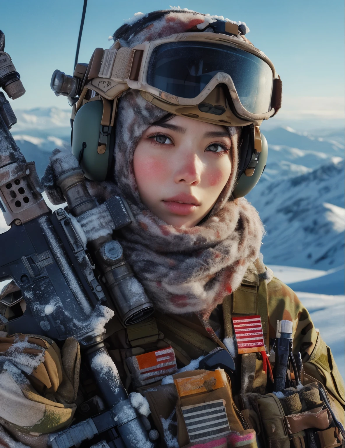 photorealistic、realistic skin texture、automatic rifle、My nose and cheeks are bright red from the cold.、