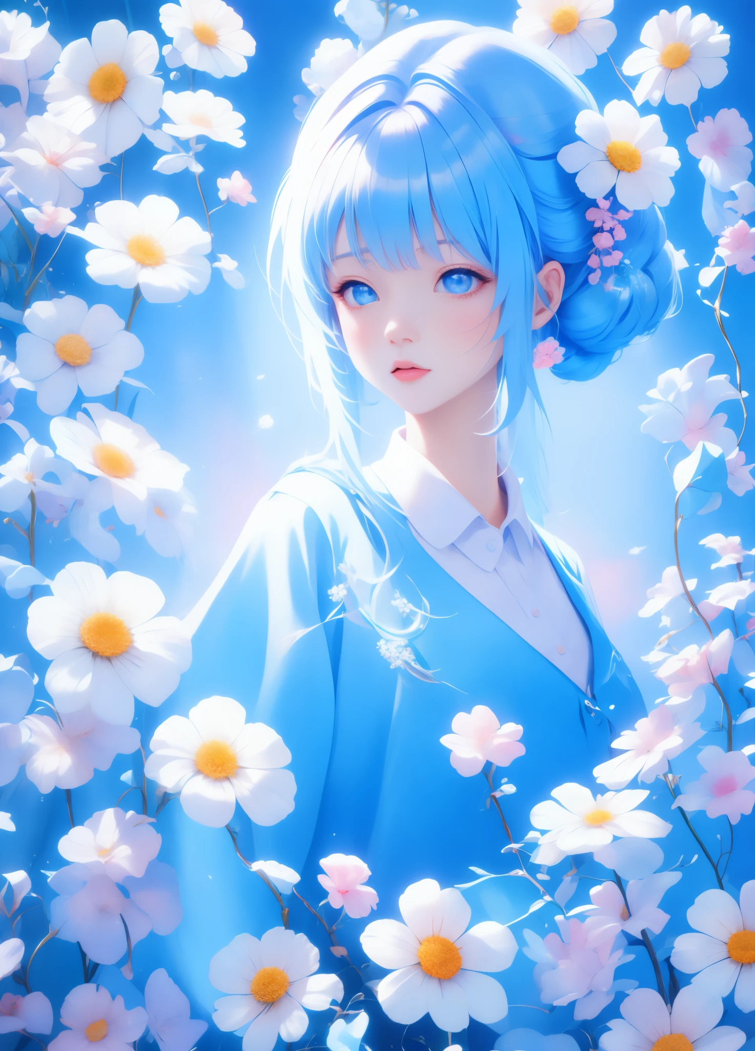 1 girl，small daisies。rich and colorful, blue sky,, mountains in the distance, HD details, Ultra-detailed, movie lighting, Surreal, soft light, Deep focus bokeh, Ray tracing, Surreal. , Art Station pixiv Gwise, Xinhai is sincere, artistic sprout