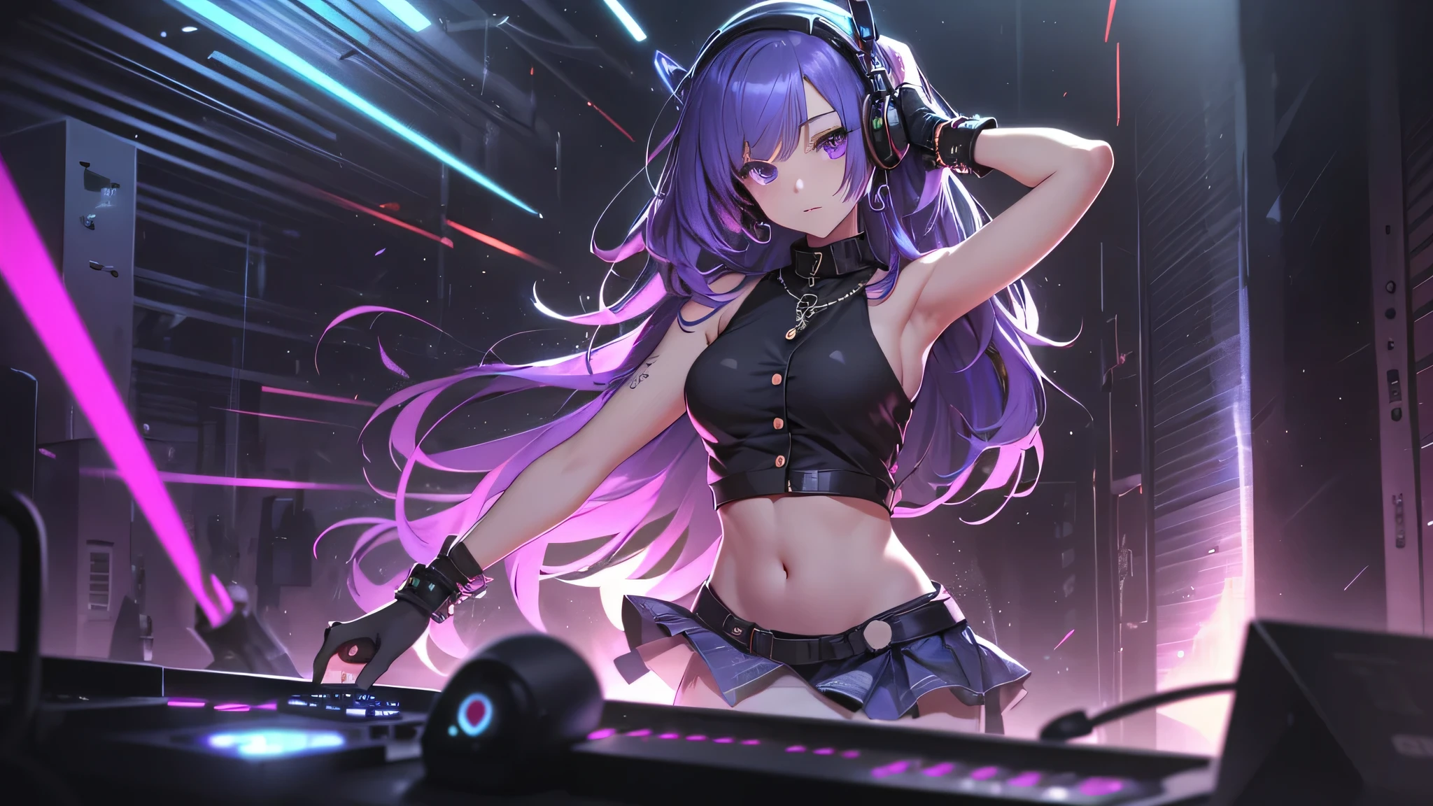 highest quality、Highest image quality、masterpiece、age girl((18-year-old、 Agar、vest bust、medium bust,wide open breast tea、purple eyes, purple hair、long hair、slender,highest valley、cute makeup、black nail polish、white short skirt、Looks like fun、have a guitar、black spats、fluttering hair、red belly button tank top、chain accessories、DJ、headphones,random motion)),high quality、beautiful art、background((night live house、red laser light、blue laser light、random laser points、Virtual space、golden laser beam、purple laser light、DJ、live stage)),muste piece、Depth of written boundary、movie、visual art、perfect art、