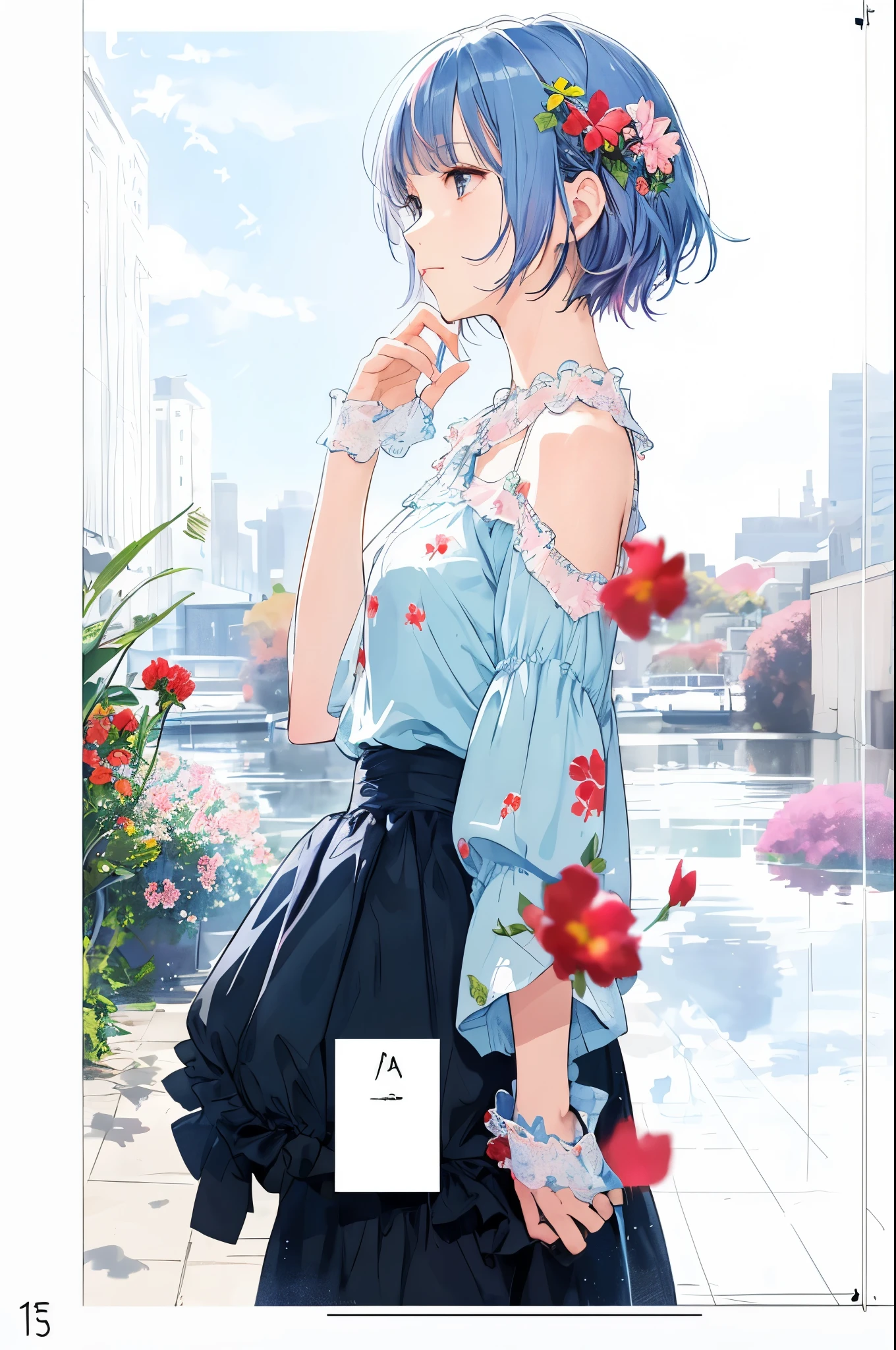 (blurry background:1.3), (blue background:1.3), (extremely detailed fine touch:1.3), (hard light, studio light, light rays, dappled light, reflection, shadows, ray tracing:1.0), (rough sketch:1.3), ///, kawaii girl, blue short hair, girly dress, night, star, milky way, horizon, sky, clouds, rainbow, stars, (milky way:1.3), wind, city, upper body, tower, black flower, (pink cloud:1.3), (red flower:1.3), profile
