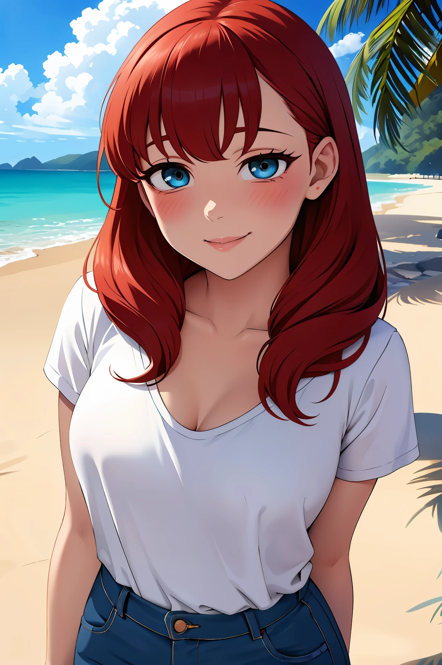 very detailed eyes, very detailed pupils, Anime style, Painting, absurderes、perfect anatomia、Hani、breasts out, long hair, ‎cleavage, breasts, on the beach, see-through, red blush, smile, redhead, red hairs, looking away, topless, naked, (sweating)