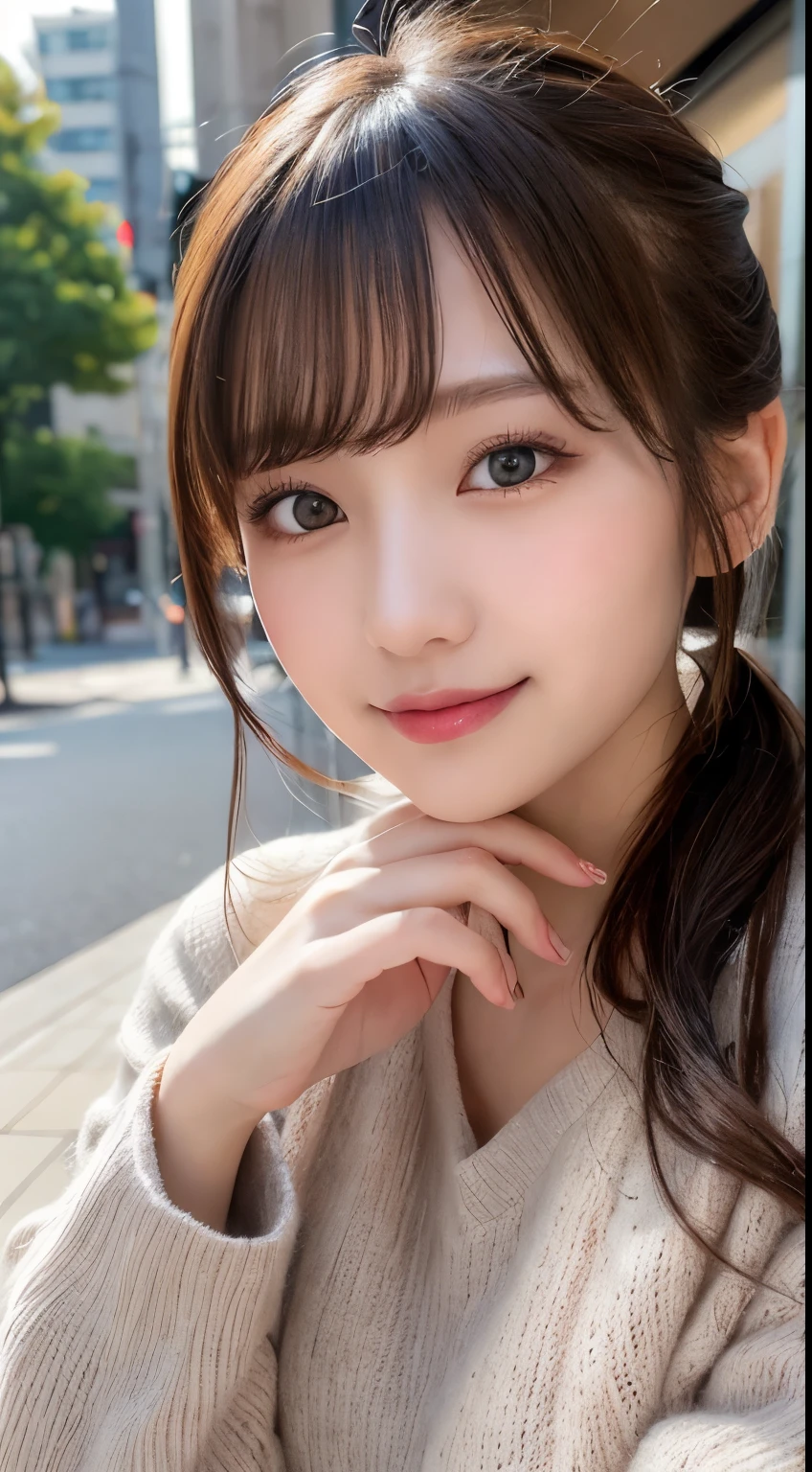 muste piece, highest quality, illustration, super detailed, finely, High resolution, 8k wallpaper, perfect dynamic composition, detailed and beautiful eyes, Elegant and gorgeous winter clothes,ponytail hair,Small breasts natural color lip, bold sexy pose,smile,Harajuku、20 year old girl、cute、sexy shot looking at camera、blur the background