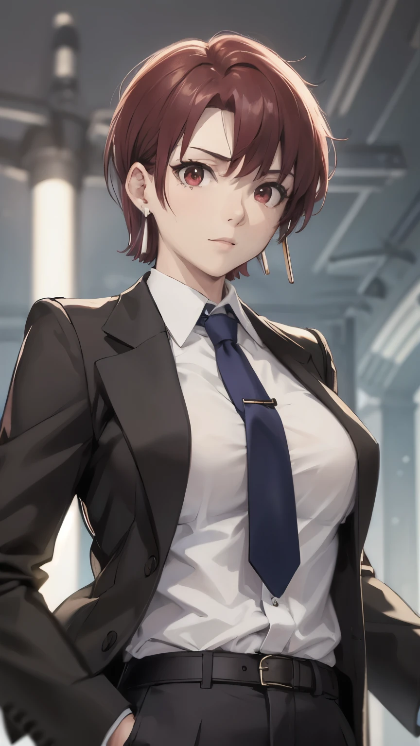 (masterpiece, best quality:1.2), bazett, fgo, 1girl, solo, short hair, red hair, bangs, red eyes,  large breasts, black gloves, formal suit, necktie, jacket, upper body, earrings, 