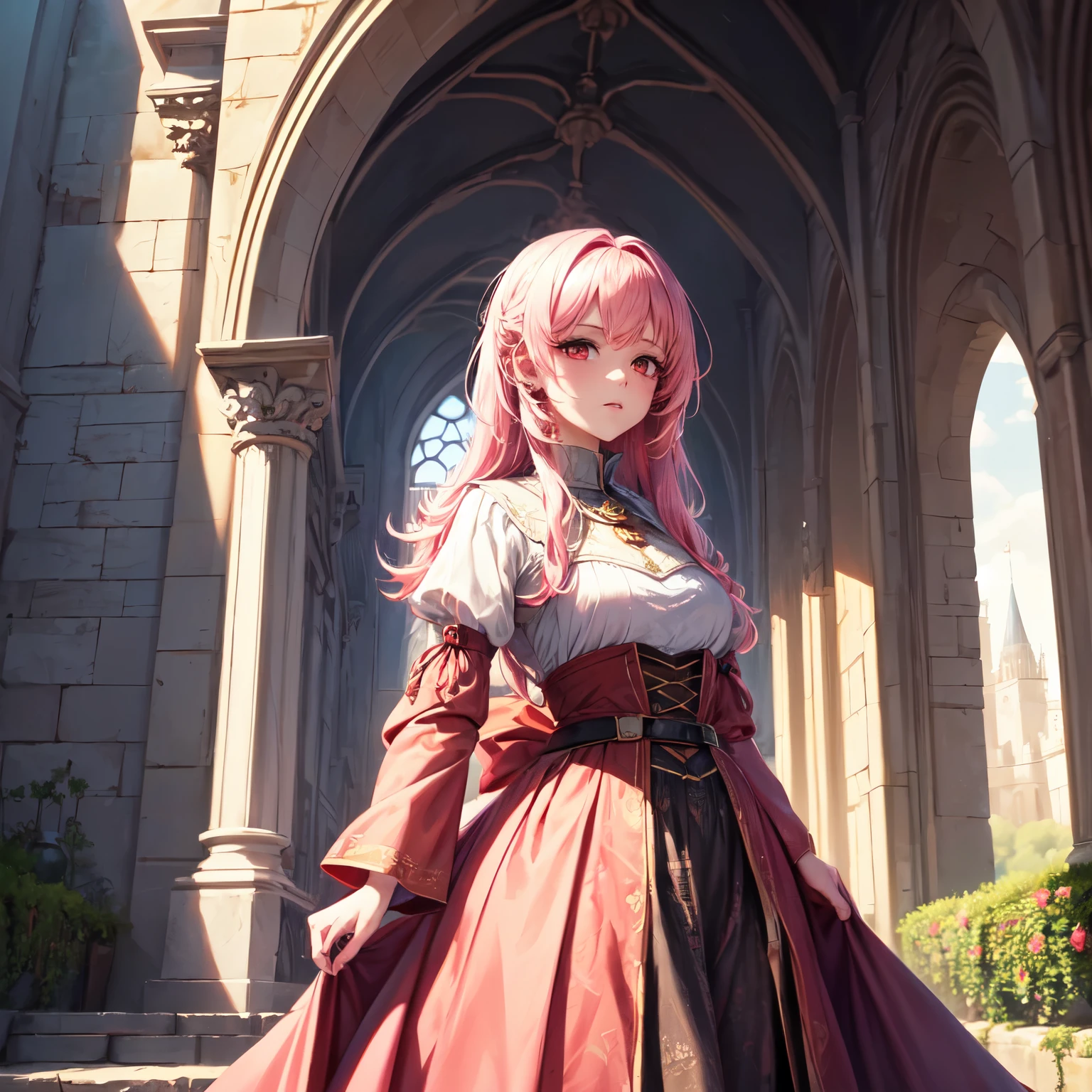 (best quality, highres, ultra-detailed), detailed face and expression, flowing pink hair, vibrant red eyes, elegant woman in medieval attire, standing in a picturesque landscape, medieval castle in the background, soft lighting highlighting the woman's features and the castle's architecture, vibrant colors with a slight pink hue, artistically painted illustration style.