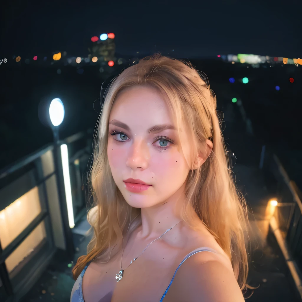 (selfie, top view: 1.4), (straight half of the body: 1.4), RAW UHD portrait photo of a 24-year-old blonde (blue-eyed woman) walking down a dark alley, large breasts,, city at night, (skirt), (neckline), details (textures! , hair! , glitter, color!! , disadvantages: 1.1), glossy eyes with high detail (looking at the camera), SLR lighting, SLR camera, ultra-quality, sharpness, depth of field, film grain (center), Fujifilm XT3, crystal clear, frame center, beautiful face, sharp focus, street lamp, neon lighting, bokeh (dimly lit), night, (night sky), detailed skin pores, oily skin, sunburn, complex eye details, full body, large breasts