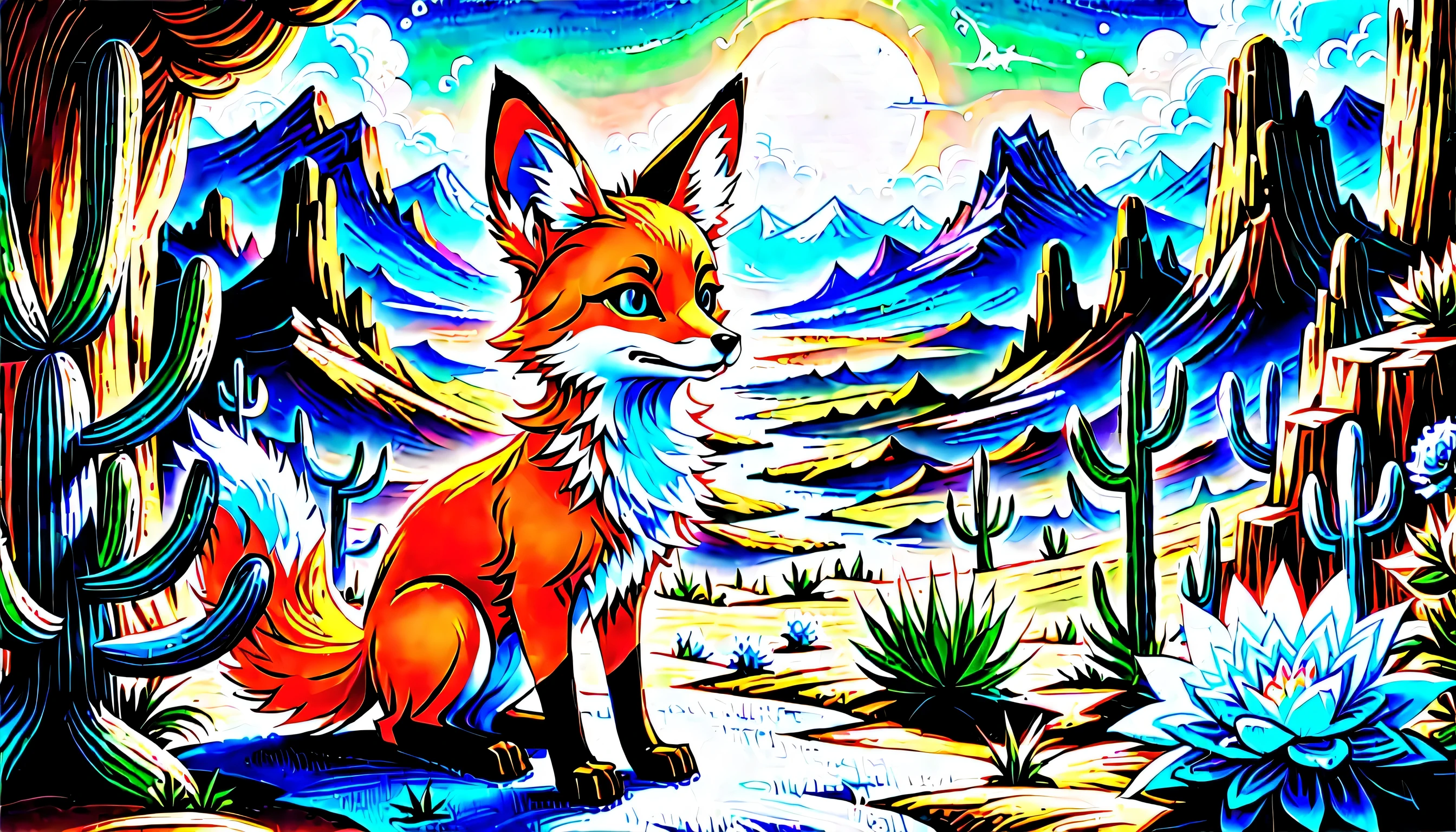 stunning Desert Canyon acrylic illustration, midnight art, (((detail fennec fox:1.2))), cactus glass flower, natural lighting, dynamic angle, cinematic still, gouache, intricate detail, rich colored, dark fantasy and atompunk, insane, complexity theory, beauty fantasy topography, high contrast, highly quality, true masterpiece, insane and intricate detail rendering, stunning 32k rendering, beautiful detail glow, stylish atmosphere, intricate delicate brush stroke,