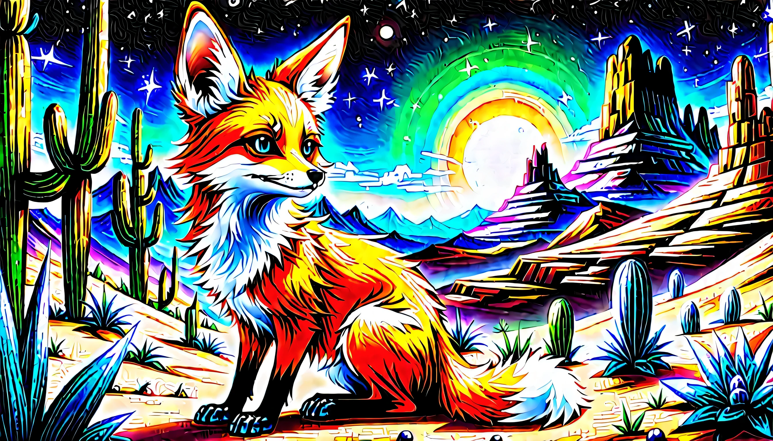 stunning Desert Canyon acrylic illustration, midnight art, (((detail fennec fox:1.2))), cactus glass flower, natural lighting, dynamic angle, cinematic still, gouache, intricate detail, rich colored, dark fantasy and atompunk, insane, complexity theory, beauty fantasy topography, high contrast, highly quality, true masterpiece, insane and intricate detail rendering, stunning 32k rendering, beautiful detail glow, stylish atmosphere, intricate delicate brush stroke,