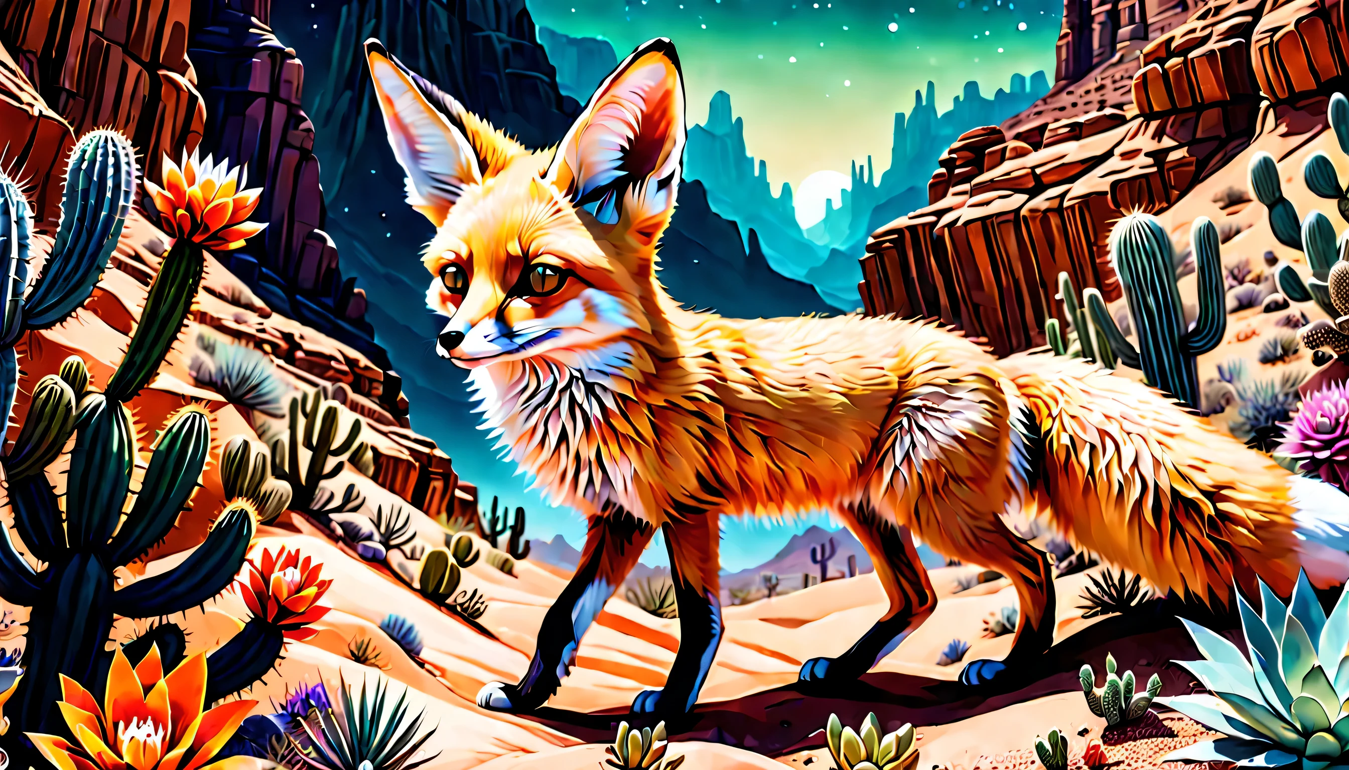 wide shot Desert Canyon illustration, midnight art, (((detail fennec fox:1.2))), cactus glass flower, natural lighting, dynamic angle, cinematic still, gouache, intricate detail, rich colored, dark fantasy and atompunk, insane, complexity theory, beauty fantasy topography, high contrast, highly quality, true masterpiece, insane and intricate detail rendering, stunning 32k rendering, beautiful detail glow, stylish atmosphere, intricate delicate brush stroke,